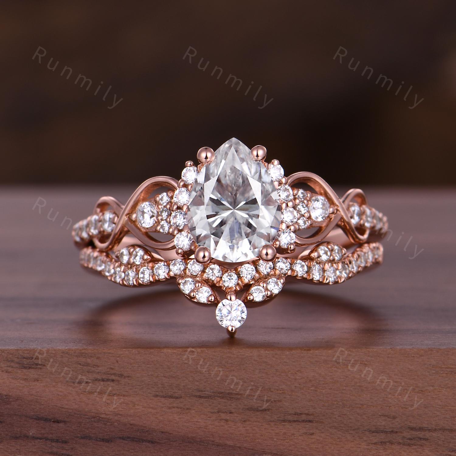 Pear Cut Moissanite Engagement Ring Set Unique Rose Gold Bridal Ring Set Diamond Cluster Wedding Curved Stacking Band Promise ring set