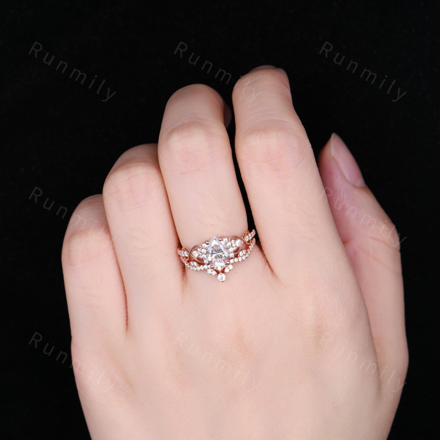 Pear Cut Moissanite Engagement Ring Set Unique Rose Gold Bridal Ring Set Diamond Cluster Wedding Curved Stacking Band Promise ring set
