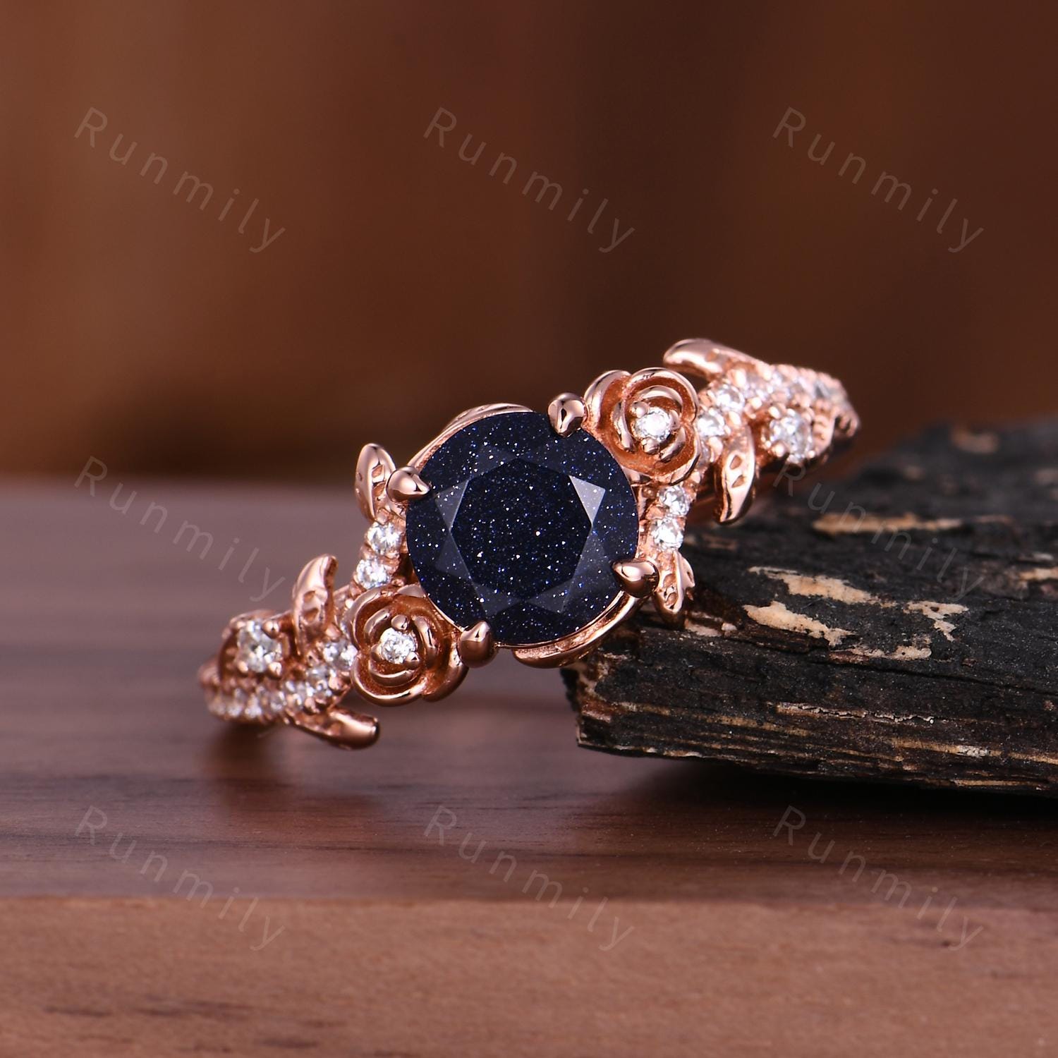 Galaxy Sandstone Engagement Ring Vintage Garden Floral Ring For Women Unique Twig Leaf Moissanite Ring Blue Sandstone Promise Ring