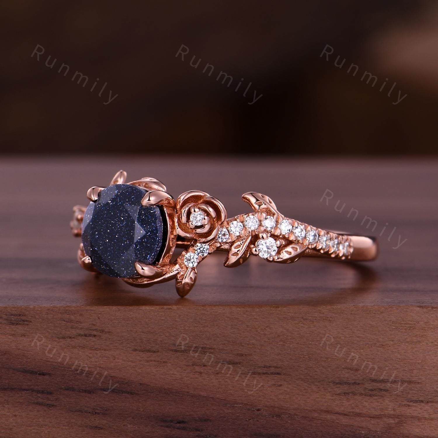 Galaxy Sandstone Engagement Ring Vintage Garden Floral Ring For Women Unique Twig Leaf Moissanite Ring Blue Sandstone Promise Ring