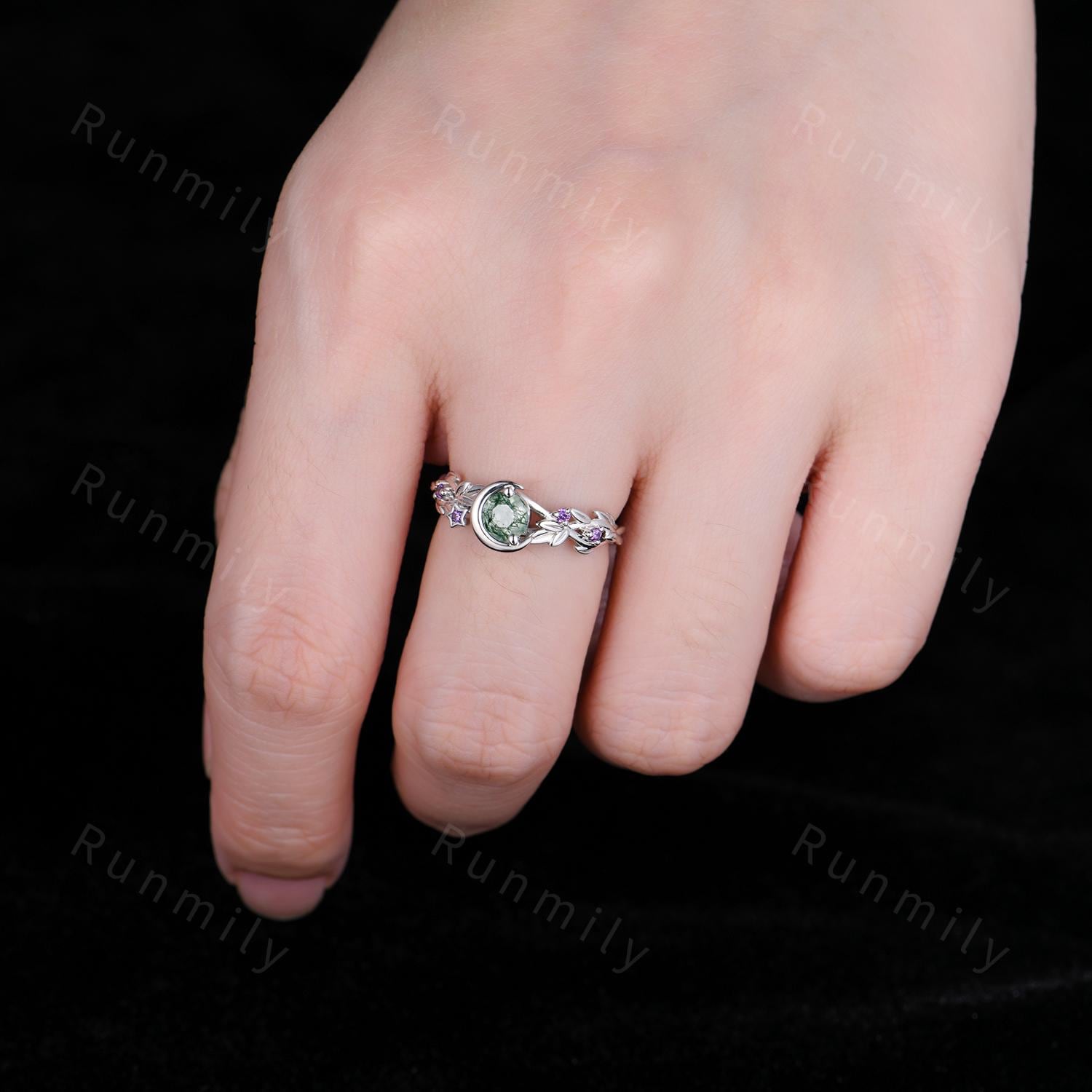 Round cut Moss Agate Engagement Ring Sterling Silver Art Deco Crescent Leaf Amethyst Ring Women Nature inspired Bridal Promise Wedding Ring