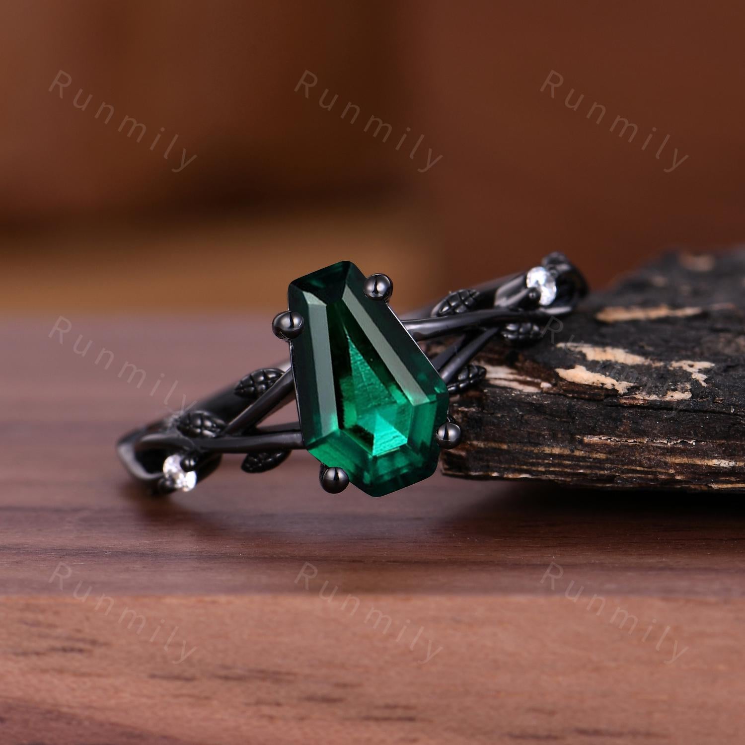 Coffin cut green emerald engagement ring twig leaf Black gold ring Art deco leaf design wedding ring nature inspired promise ring for her