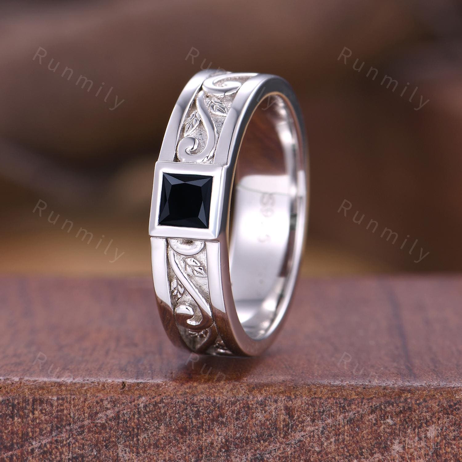 Men's Black Onyx Wedding Band White Gold Princess Cut Wedding Engagement Ring Vintage Wave Leaf Ring Mens Stacking Ring His Gemstone Ring