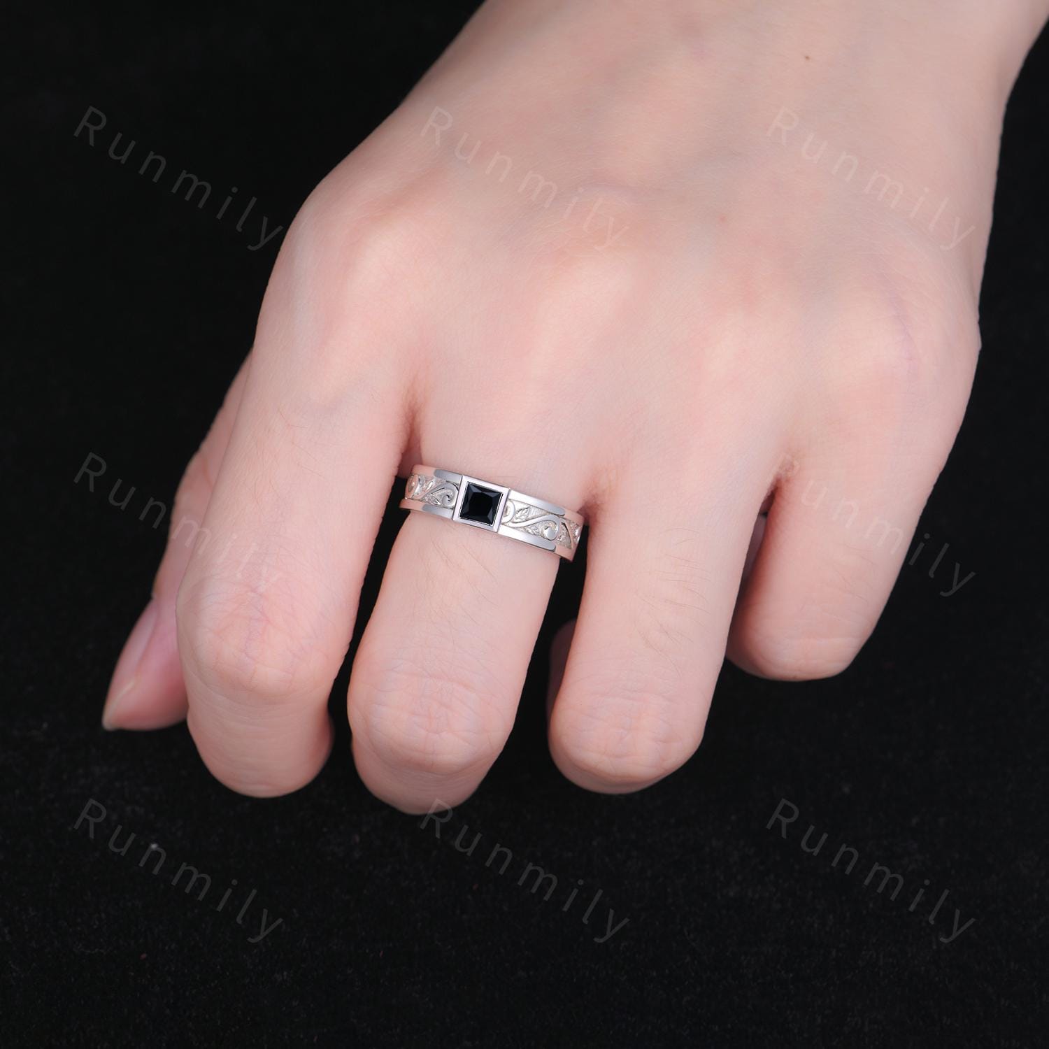 Men's Black Onyx Wedding Band White Gold Princess Cut Wedding Engagement Ring Vintage Wave Leaf Ring Mens Stacking Ring His Gemstone Ring