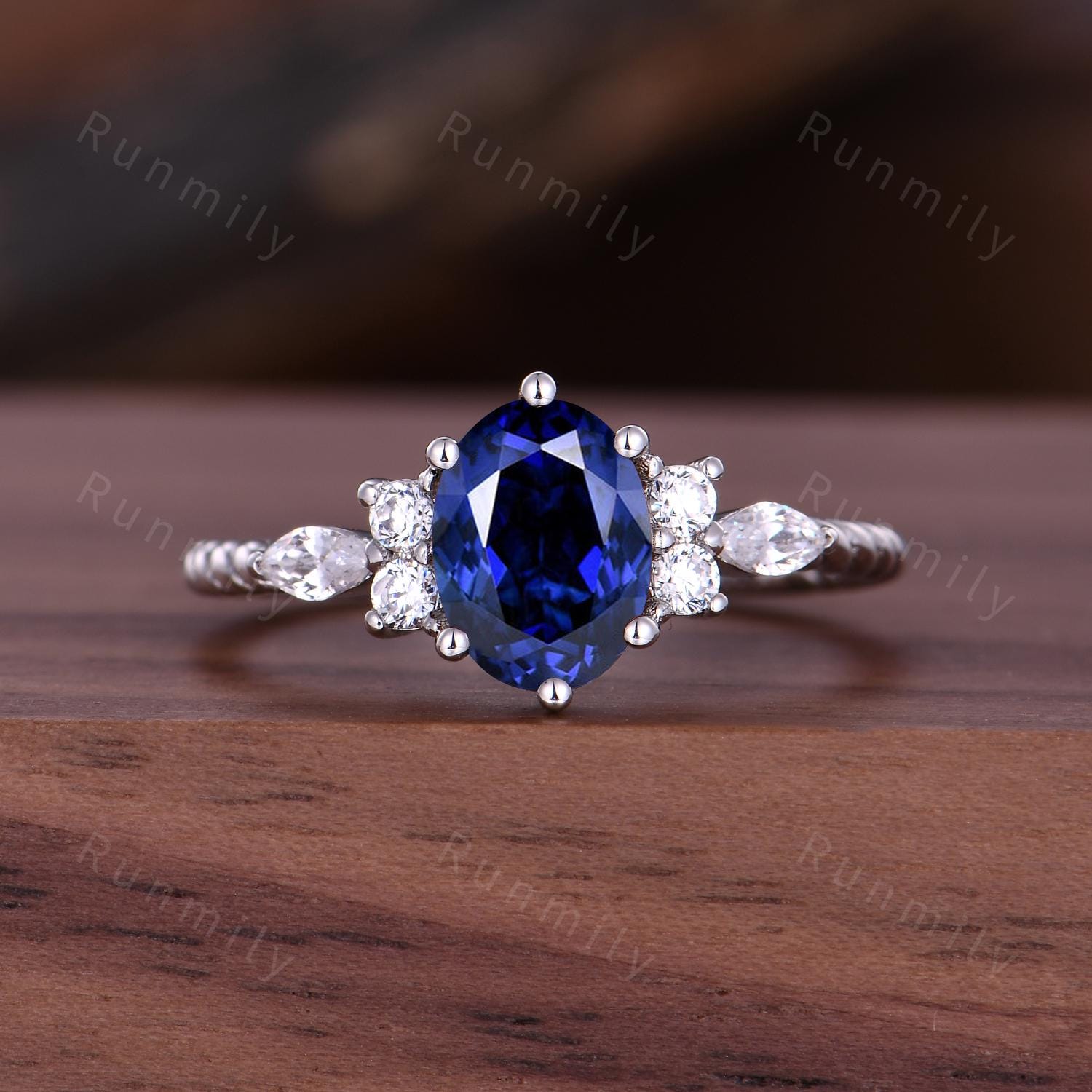 Vintage Oval Blue Sapphire Couples Ring Unique Silver Matching Ring Set His and Hers Wedding Band Promise Ring For Men For Women Blue Gem