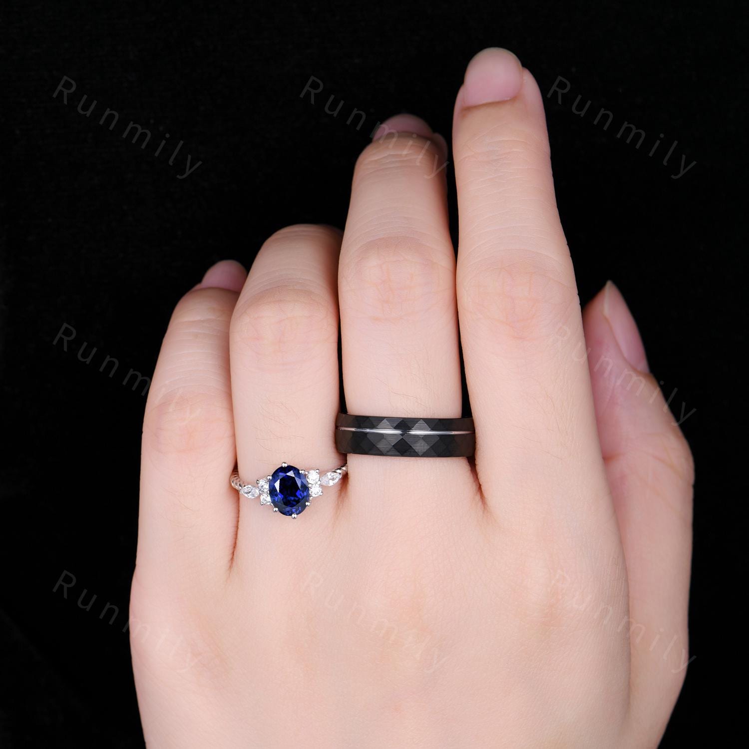Vintage Oval Blue Sapphire Couples Ring Unique Silver Matching Ring Set His and Hers Wedding Band Promise Ring For Men For Women Blue Gem