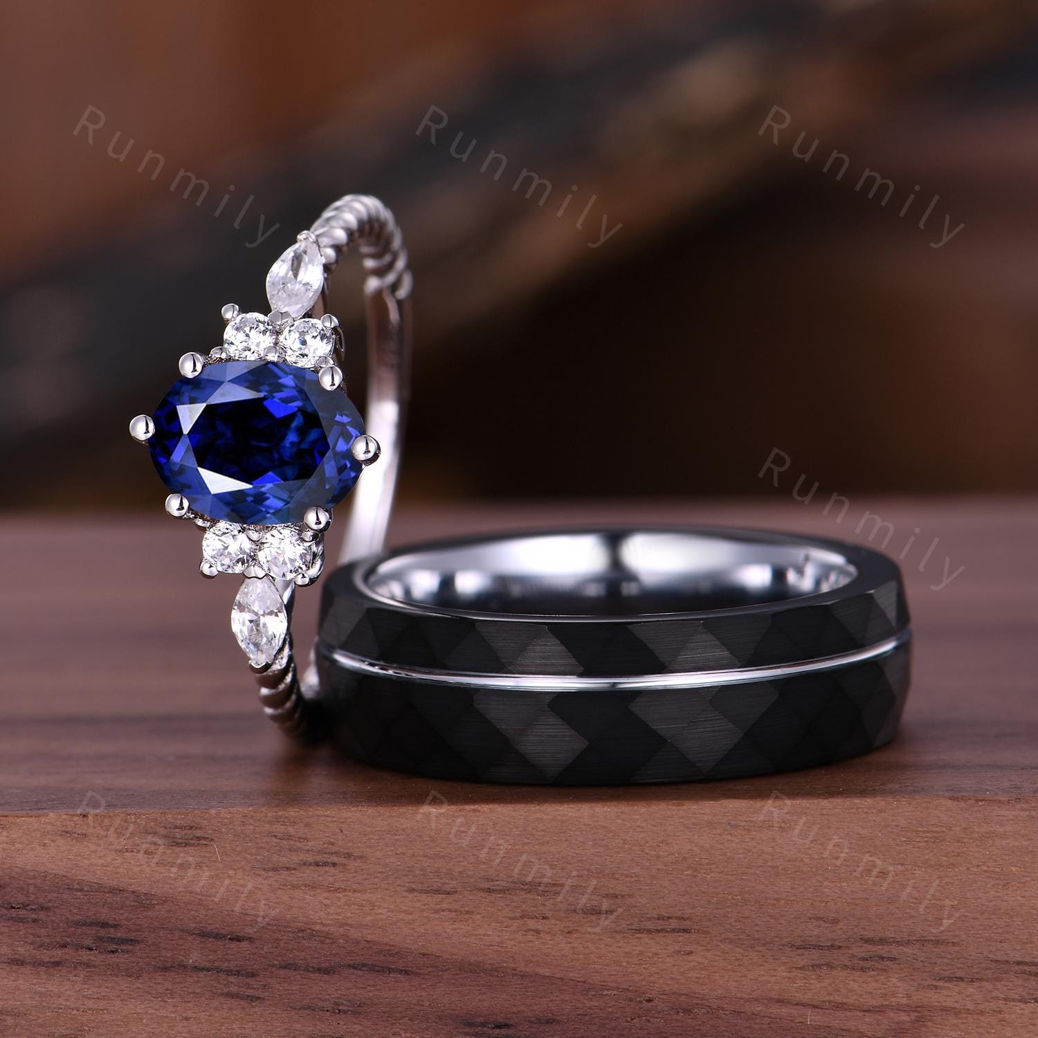 Vintage Oval Blue Sapphire Couples Ring Unique Silver Matching Ring Set His and Hers Wedding Band Promise Ring For Men For Women Blue Gem