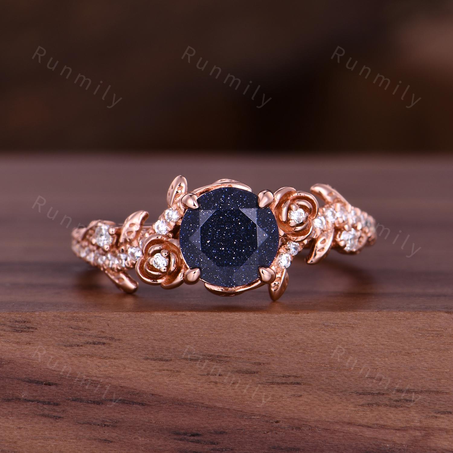 Galaxy Sandstone Engagement Ring Vintage Garden Floral Ring For Women Unique Twig Leaf Moissanite Ring Blue Sandstone Promise Ring