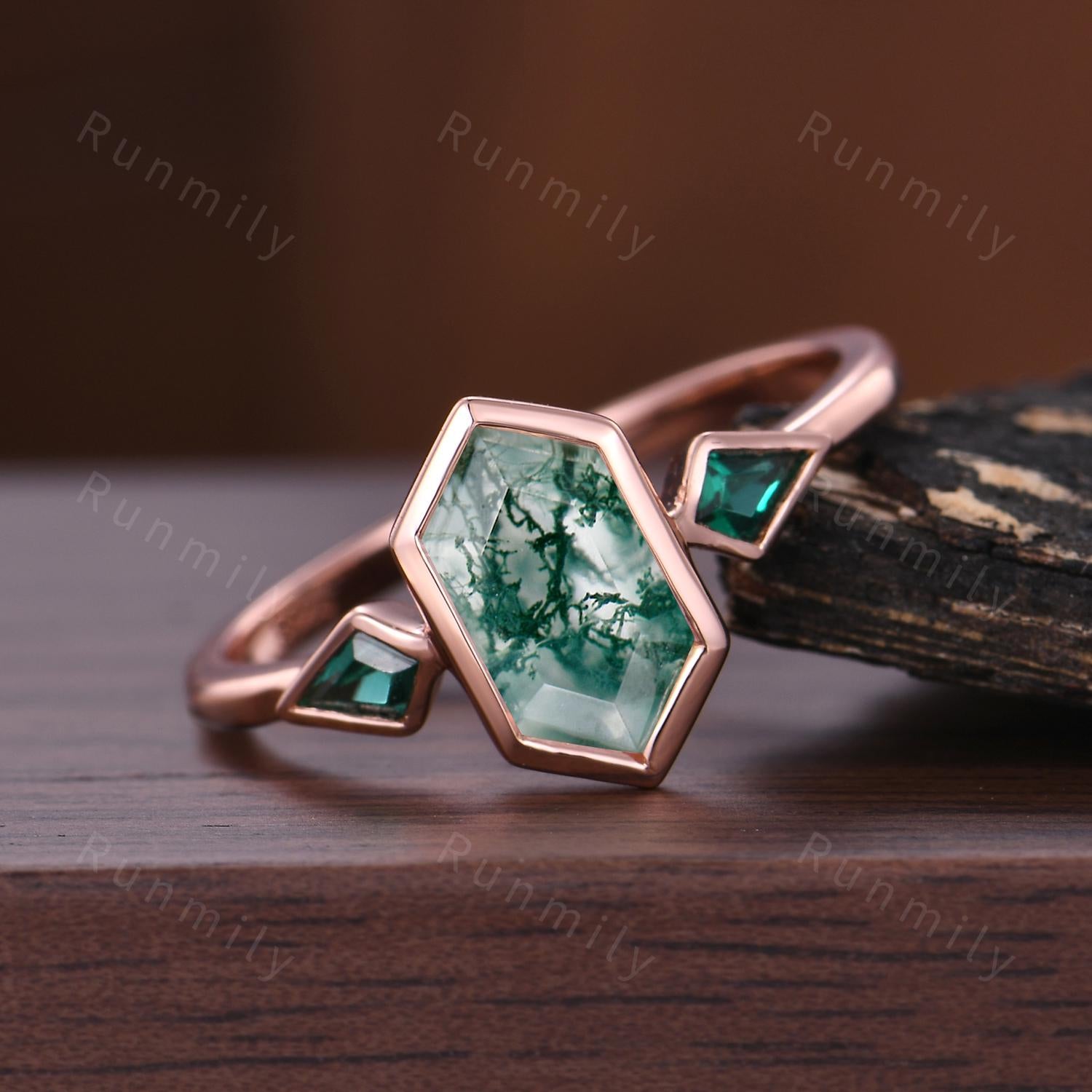 Moss Agate Emerald Engagement Ring Rose Gold Three Stone Ring For Women Hexagon Cut Bridal Ring Unique Women Promise Ring