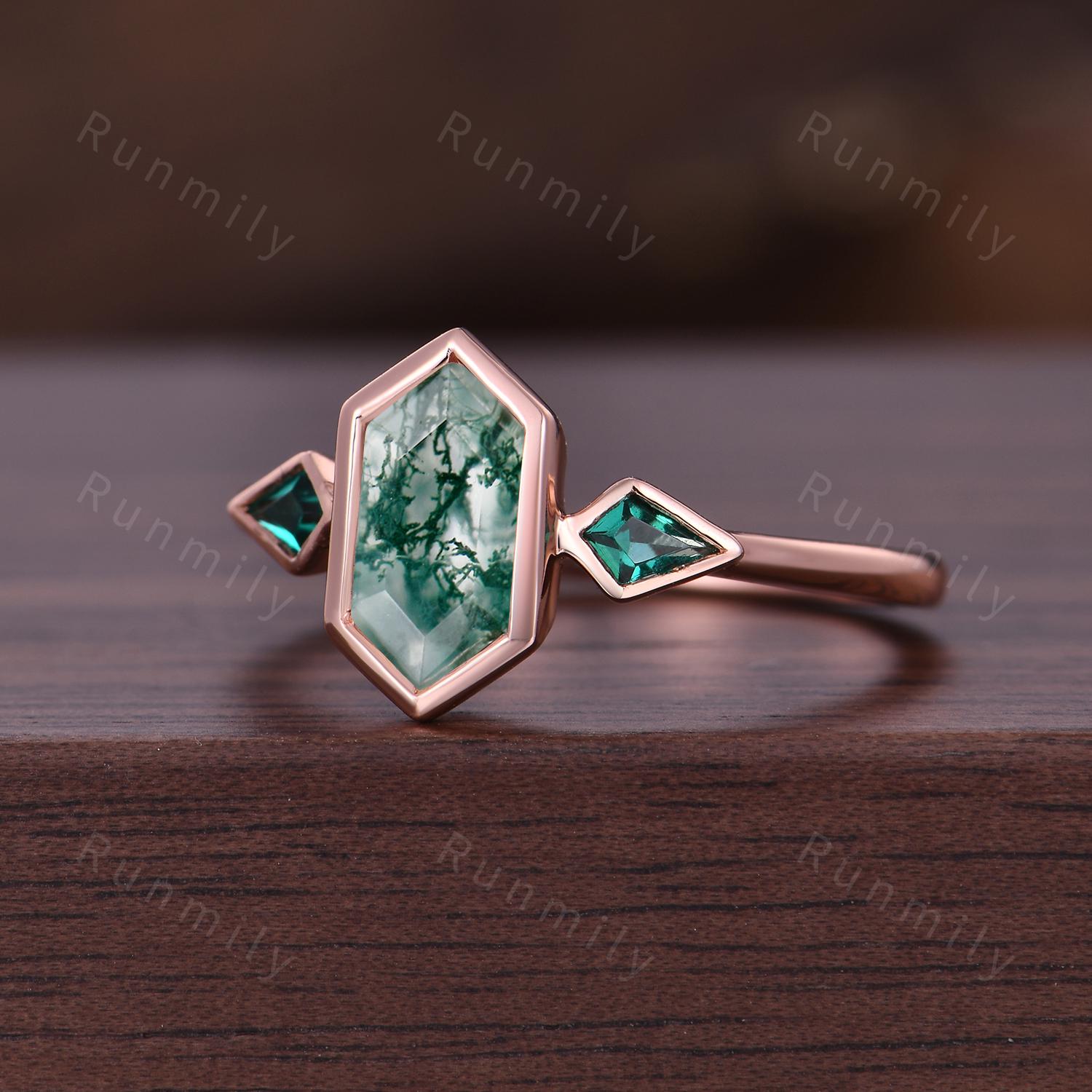 Moss Agate Emerald Engagement Ring Rose Gold Three Stone Ring For Women Hexagon Cut Bridal Ring Unique Women Promise Ring