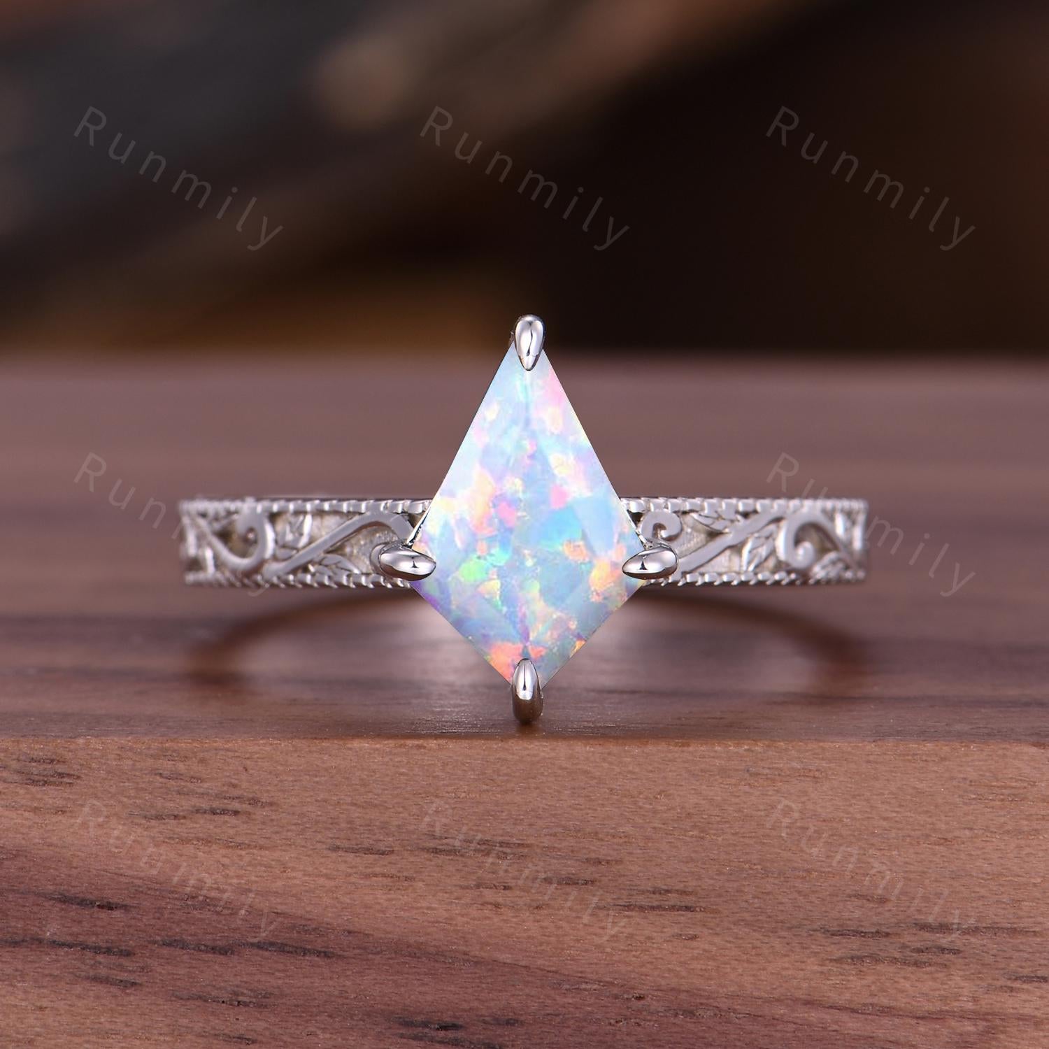 Kite Cut White Opal Engagement Ring Filigree Vintage Leaf Style 14k White Gold Antique Bridal Promise Ring October Ring