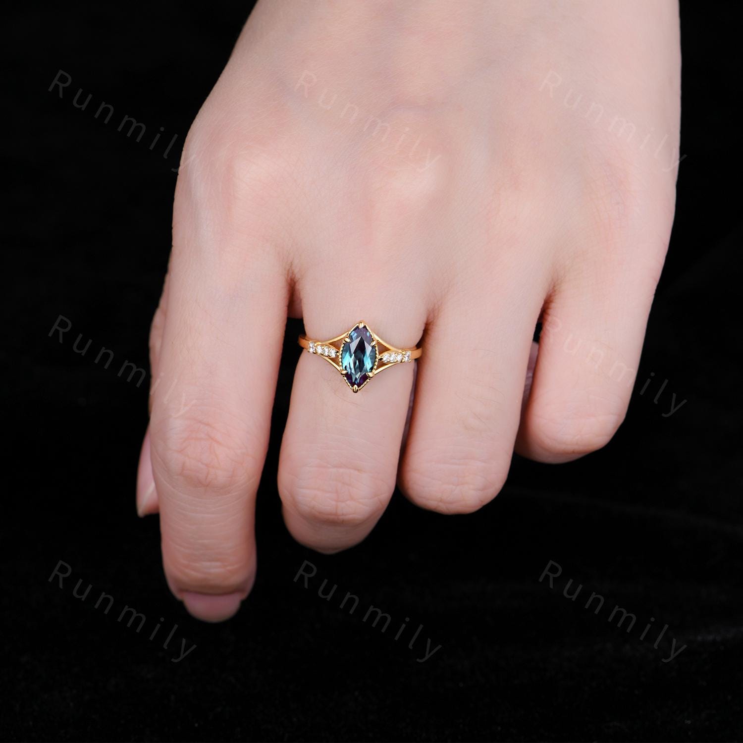 Alexandrite Engagement Ring - 14K Solid Yellow Gold Ring - Unique Art Deco Moissanite Wedding Ring - Vintage June Birthstone Promise Ring