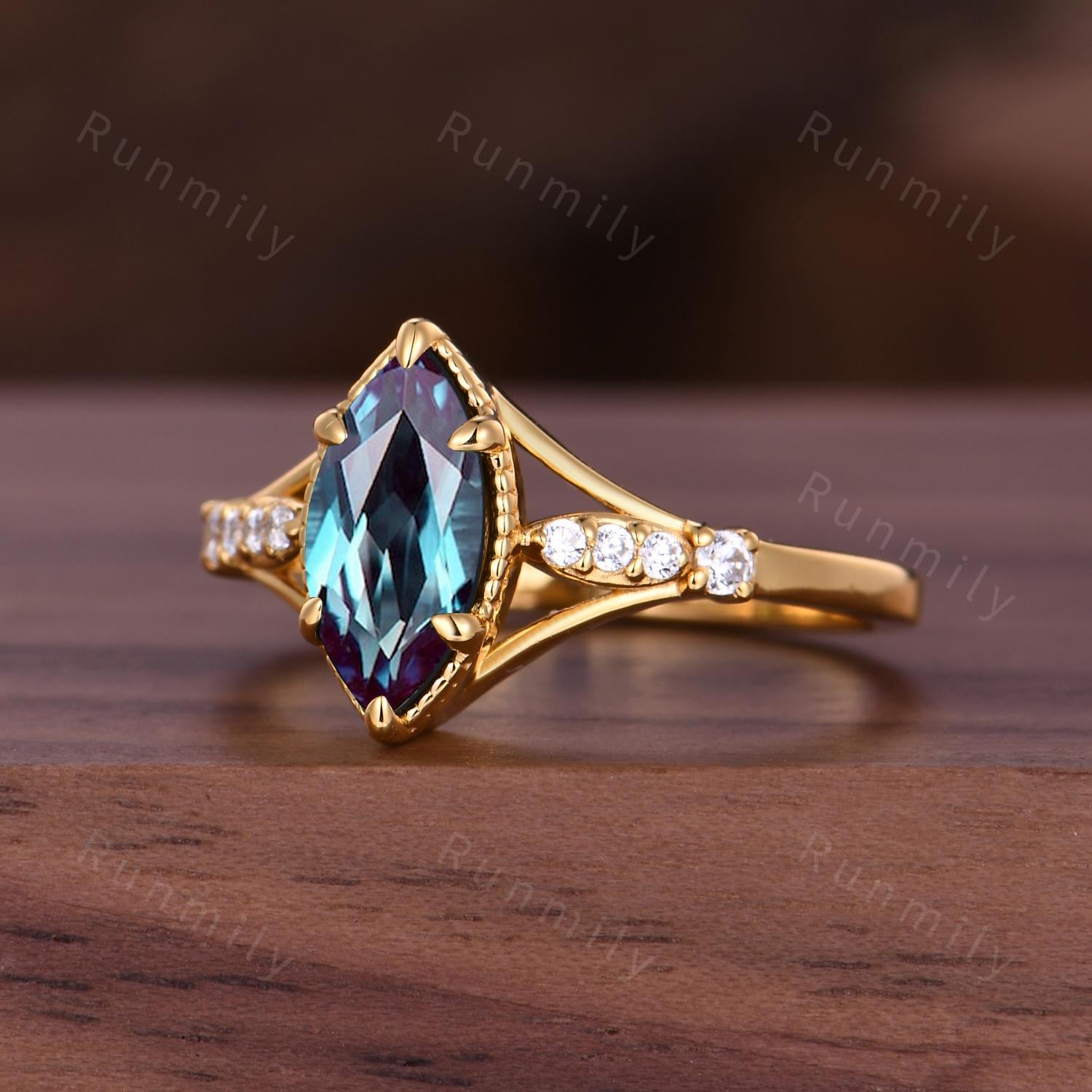 Alexandrite Engagement Ring - 14K Solid Yellow Gold Ring - Unique Art Deco Moissanite Wedding Ring - Vintage June Birthstone Promise Ring