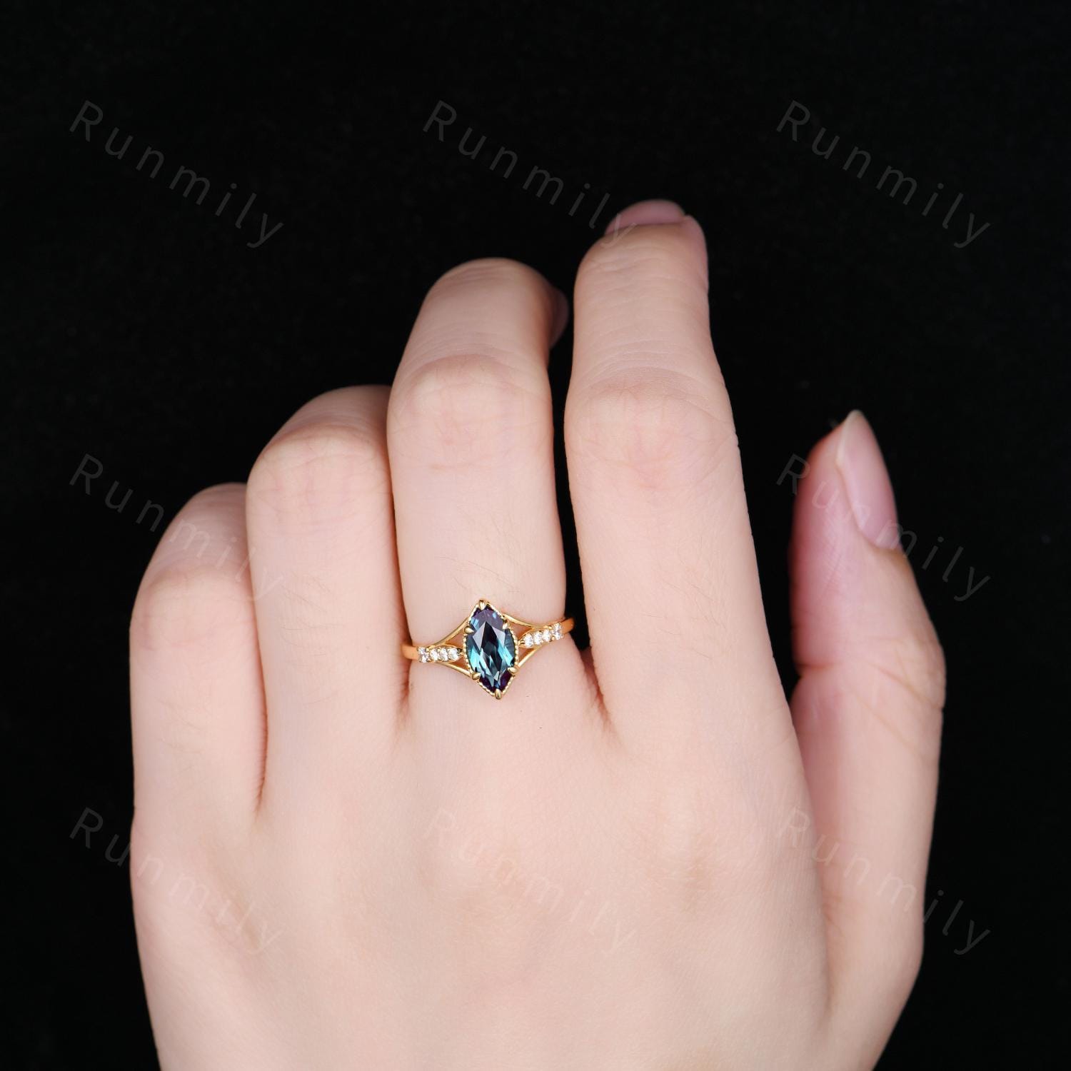 Alexandrite Engagement Ring - 14K Solid Yellow Gold Ring - Unique Art Deco Moissanite Wedding Ring - Vintage June Birthstone Promise Ring