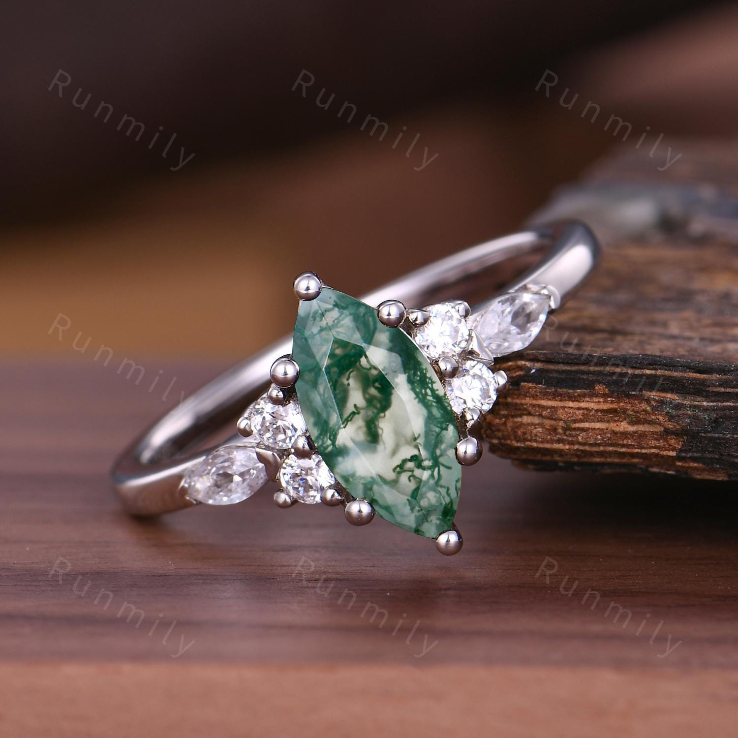 Natural Moss Agate Engagement Ring Unique Marquise cut Green Agate Ring Moissanite Cluster Wedding Ring Bridal Promise Ring Platinum Ring