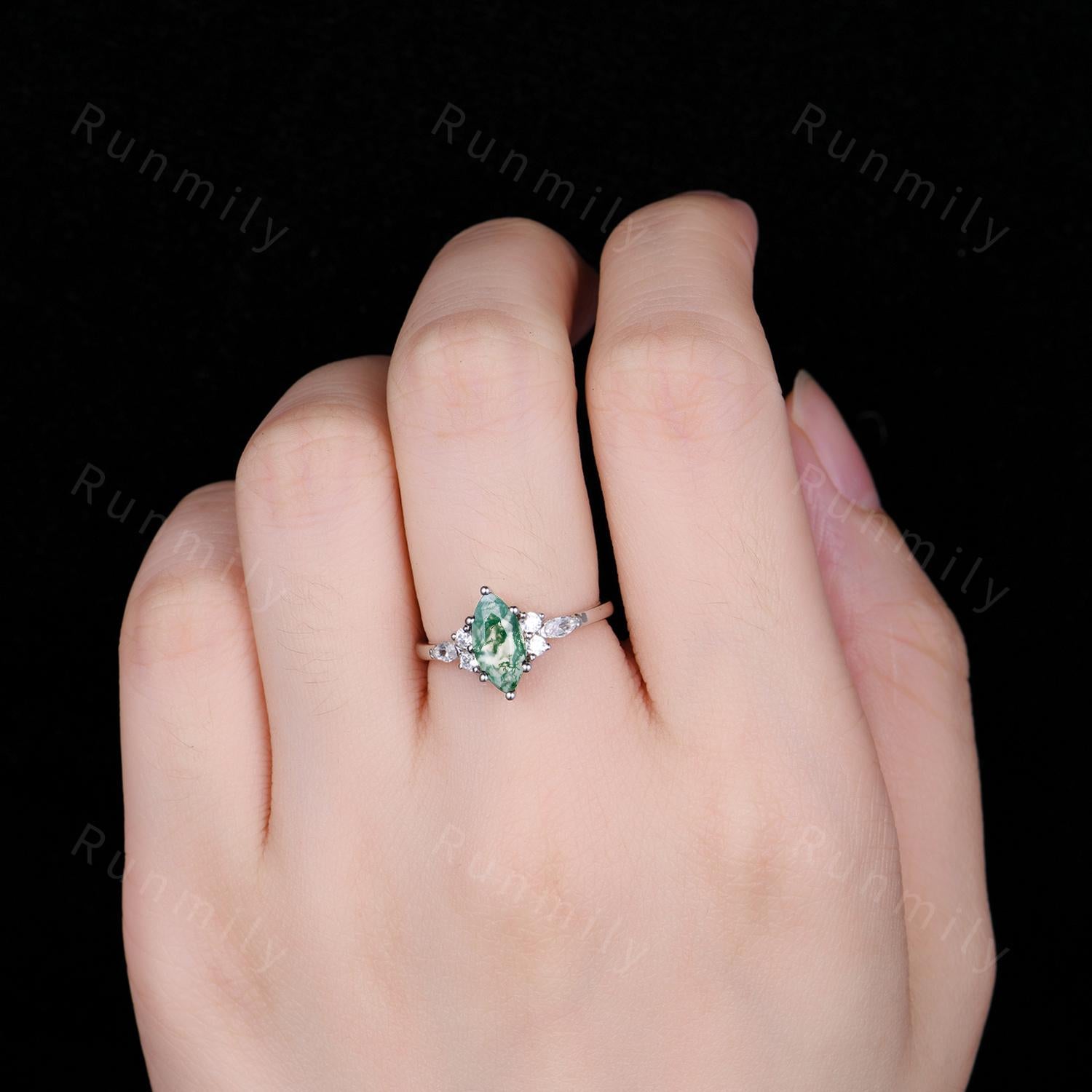 Natural Moss Agate Engagement Ring Unique Marquise cut Green Agate Ring Moissanite Cluster Wedding Ring Bridal Promise Ring Platinum Ring