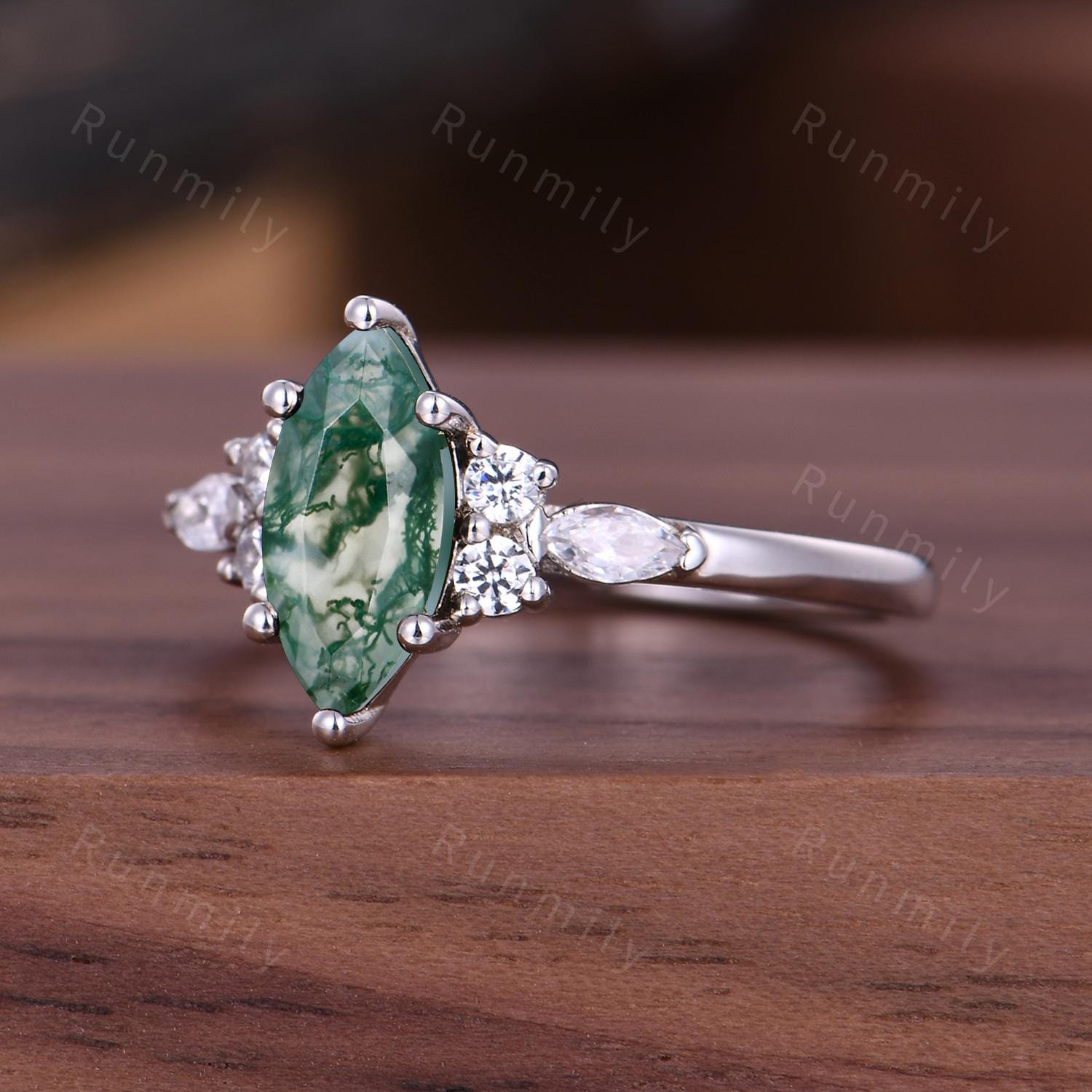 Natural Moss Agate Engagement Ring Unique Marquise cut Green Agate Ring Moissanite Cluster Wedding Ring Bridal Promise Ring Platinum Ring