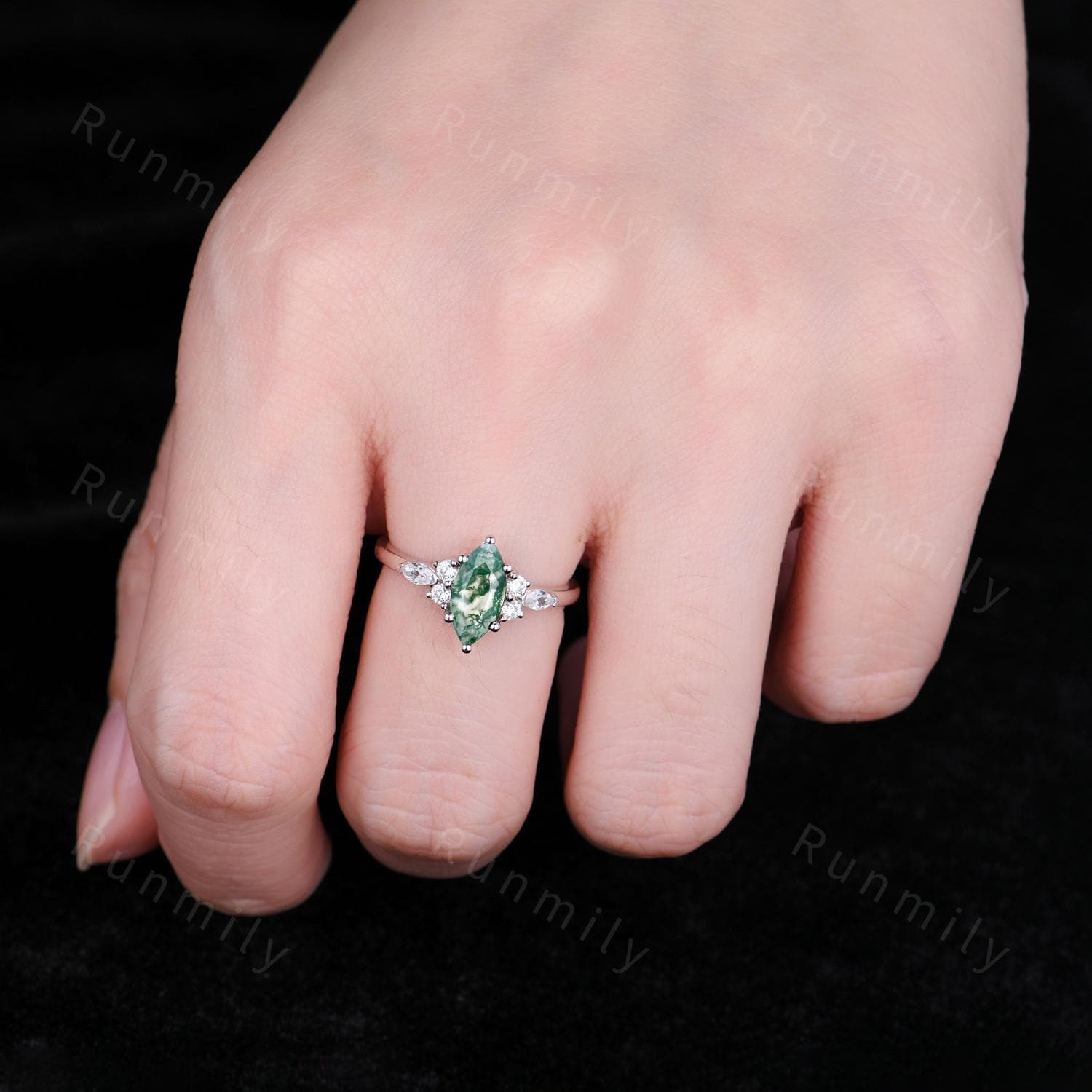 Natural Moss Agate Engagement Ring Unique Marquise cut Green Agate Ring Moissanite Cluster Wedding Ring Bridal Promise Ring Platinum Ring