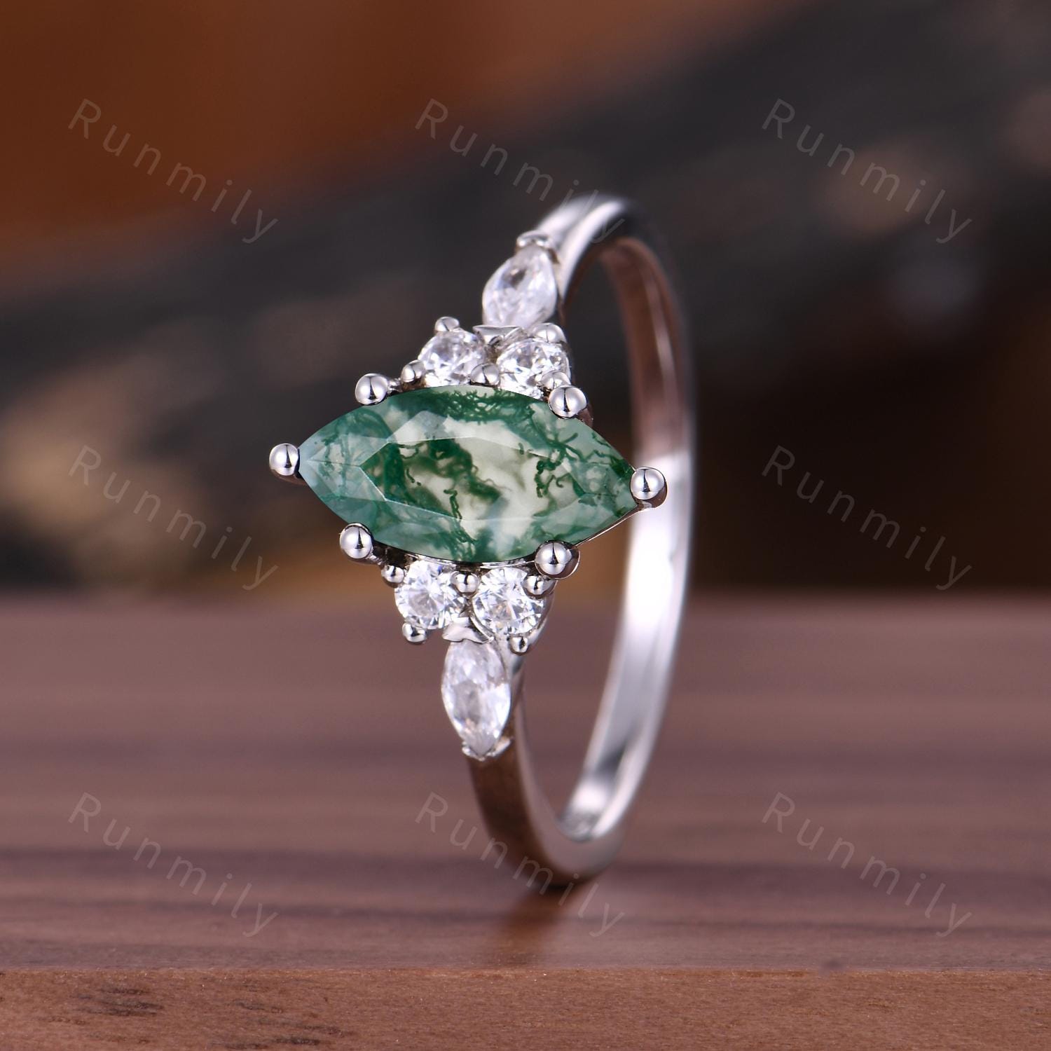 Natural Moss Agate Engagement Ring Unique Marquise cut Green Agate Ring Moissanite Cluster Wedding Ring Bridal Promise Ring Platinum Ring