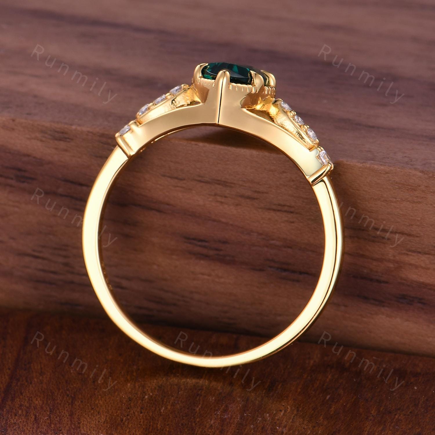 Marquise cut Emerald engagement ring Unique 14k solid gold ring for women art deco moissanite bridal promise ring May birthstone ring gift