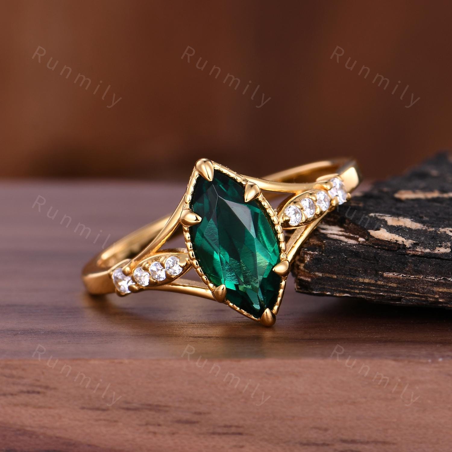 Marquise cut Emerald engagement ring Unique 14k solid gold ring for women art deco moissanite bridal promise ring May birthstone ring gift