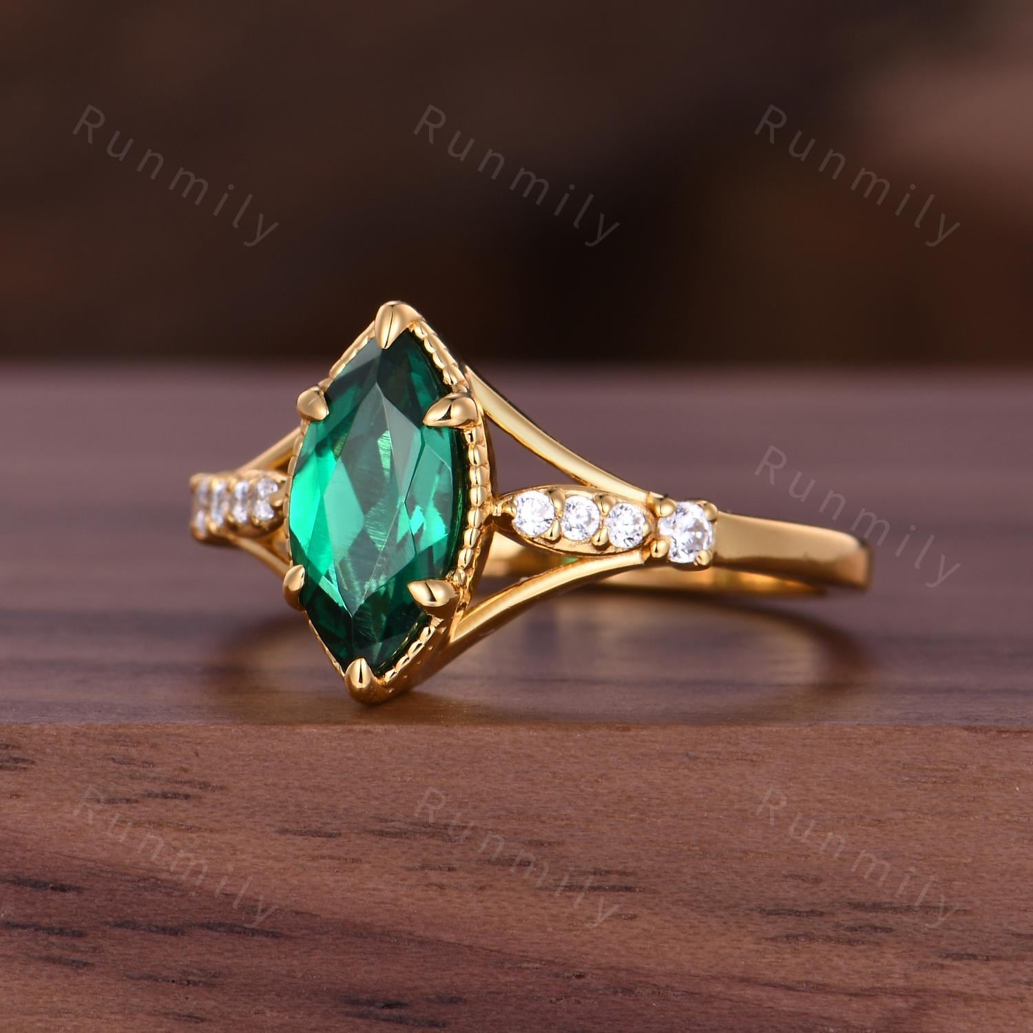 Marquise cut Emerald engagement ring Unique 14k solid gold ring for women art deco moissanite bridal promise ring May birthstone ring gift