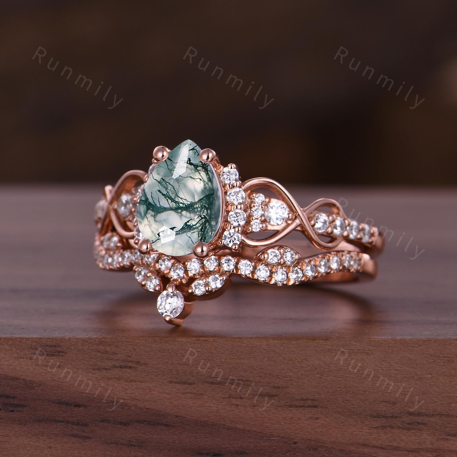 Pear Cut Moss Agate Engagement Ring Set Unique Rose Gold Bridal Ring Set Moissanite Cluster Wedding Curved Stacking Band Promise ring set