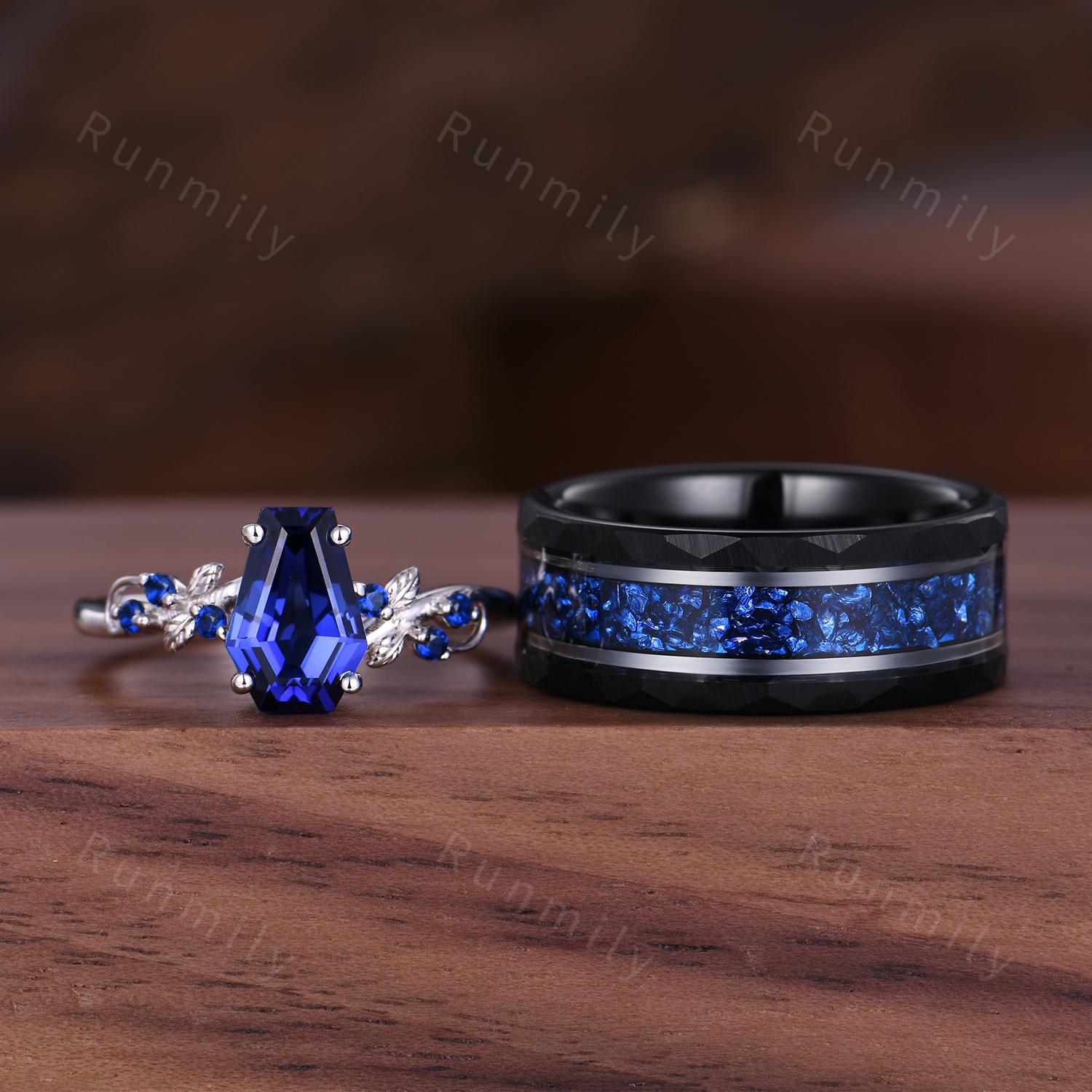 Coffin Cut Blue Sapphire Couples Ring Set - Unique His and Hers Wedding Band - Nature Inspired September Birthstone Matching Promise Rings