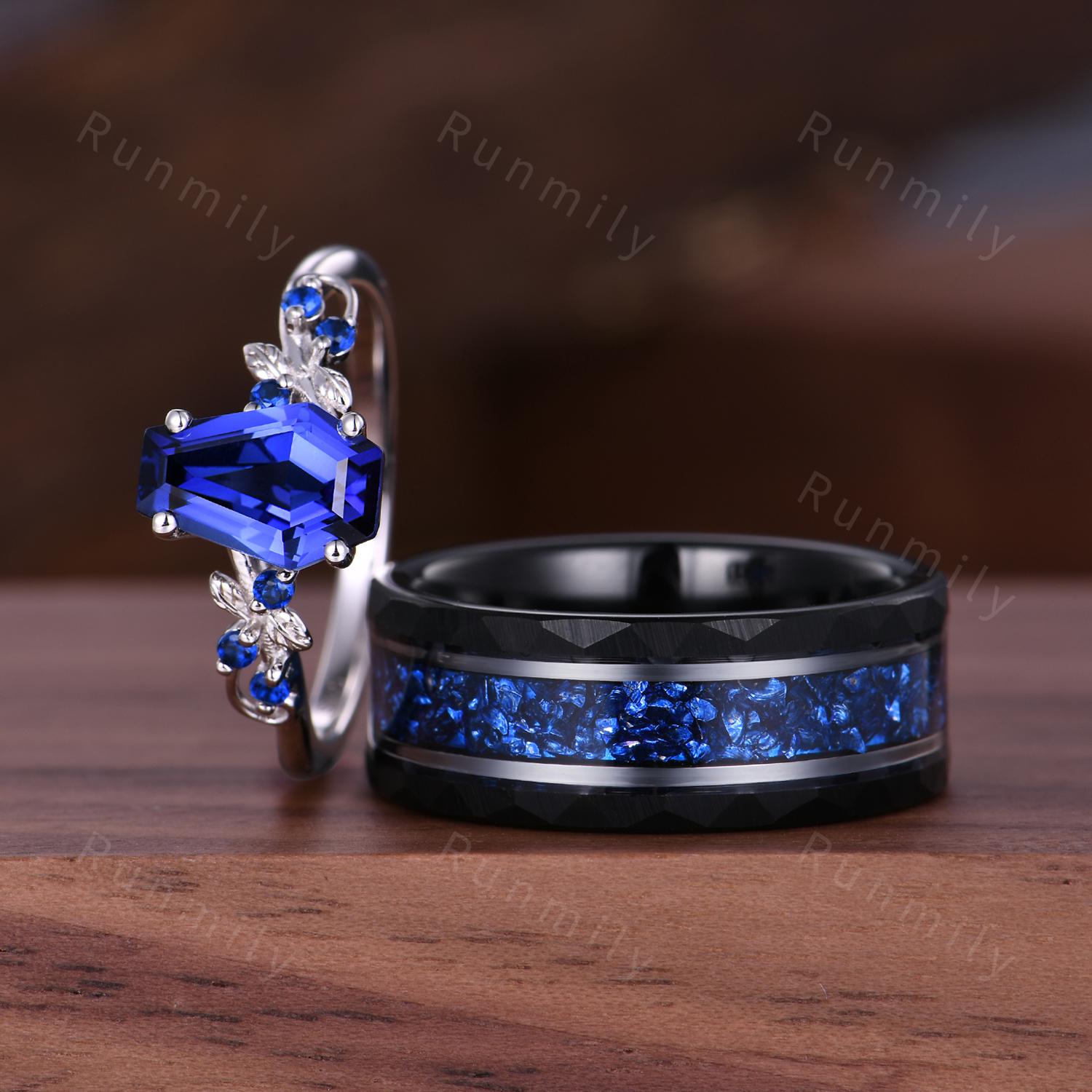 Coffin Cut Blue Sapphire Couples Ring Set - Unique His and Hers Wedding Band - Nature Inspired September Birthstone Matching Promise Rings