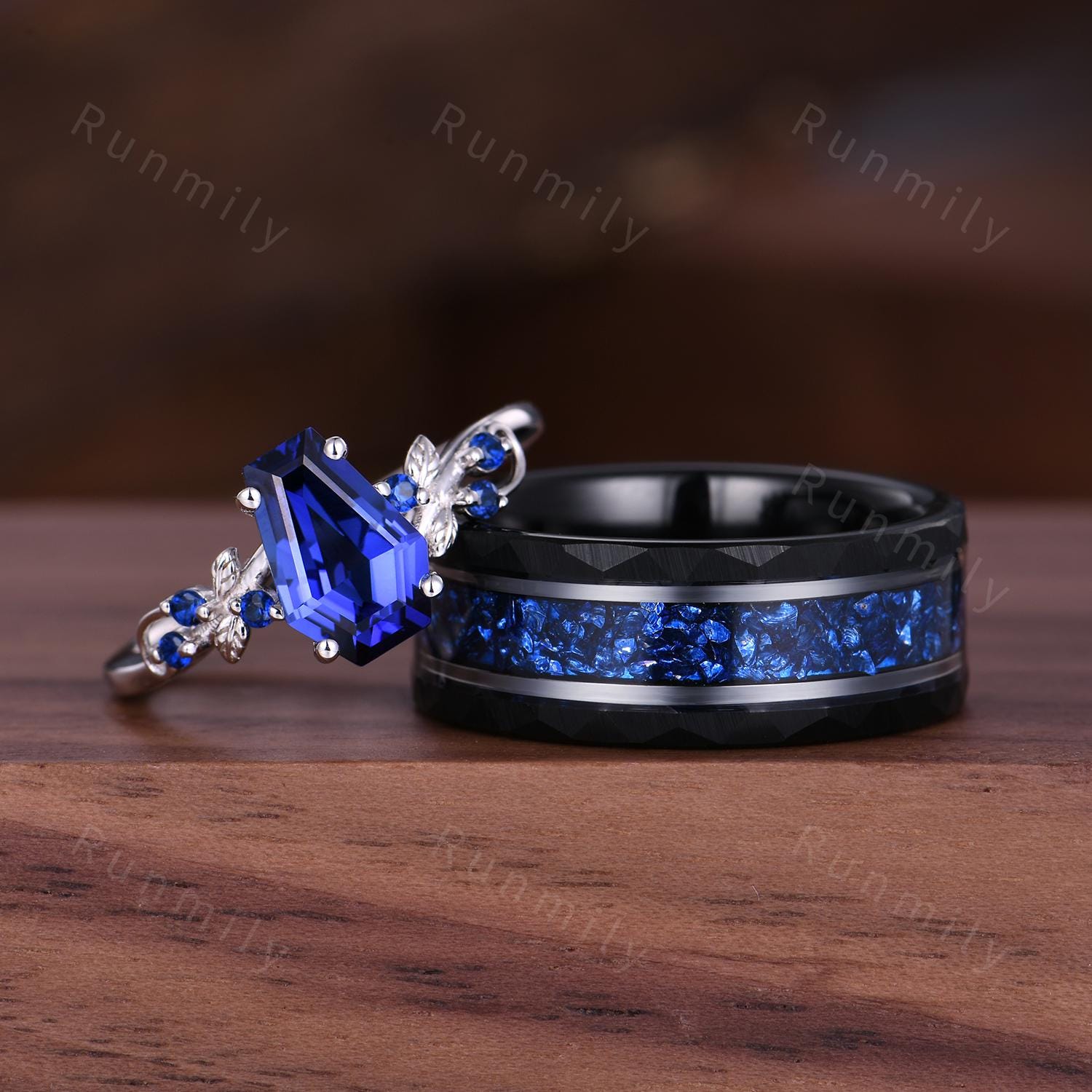Coffin Cut Blue Sapphire Couples Ring Set - Unique His and Hers Wedding Band - Nature Inspired September Birthstone Matching Promise Rings