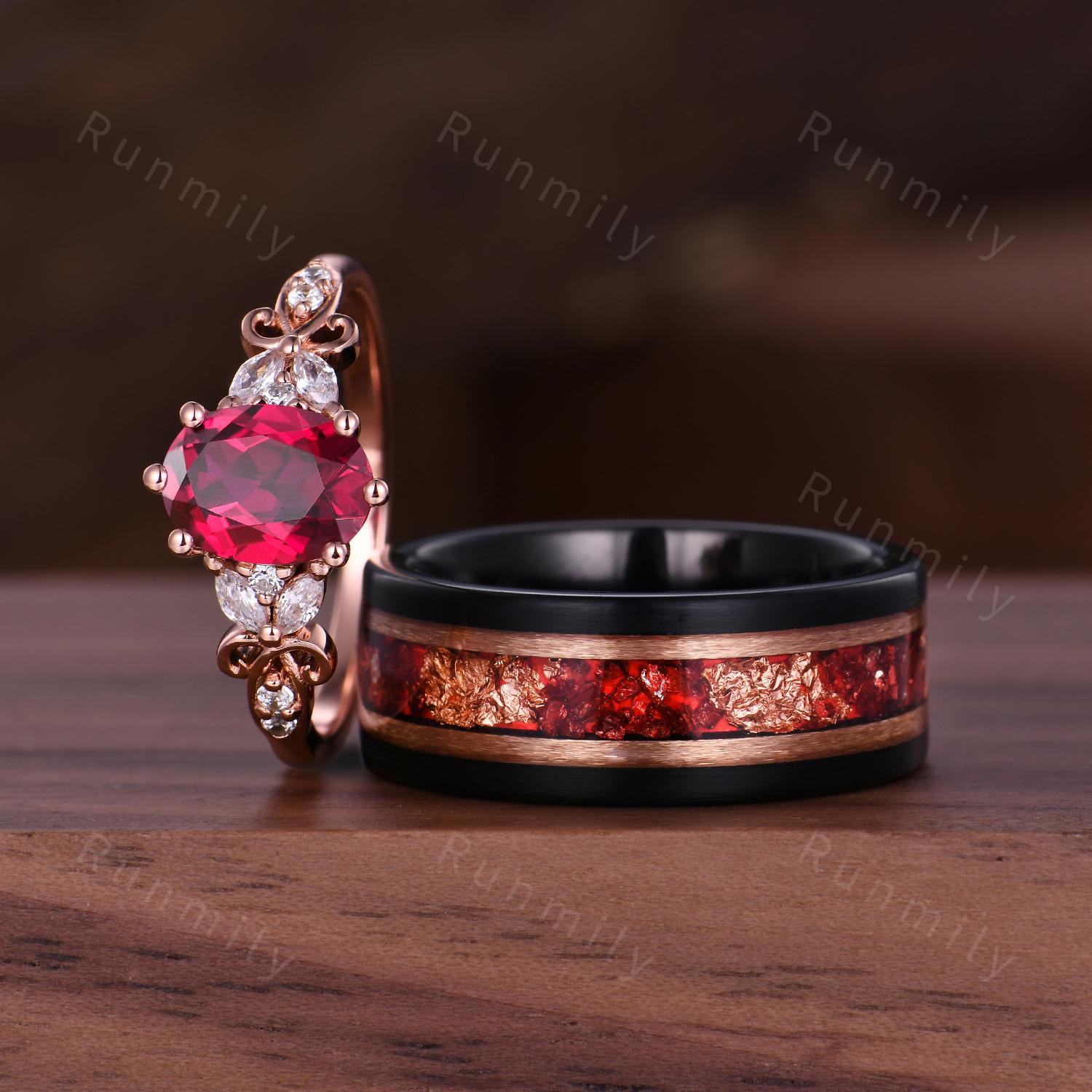 Oval Cut Ruby Couples Ring Set - Rose Gold His and Hers Wedding Band - Mens Tungsten Ruby Ring - July Birthstone Matching Promise Rings