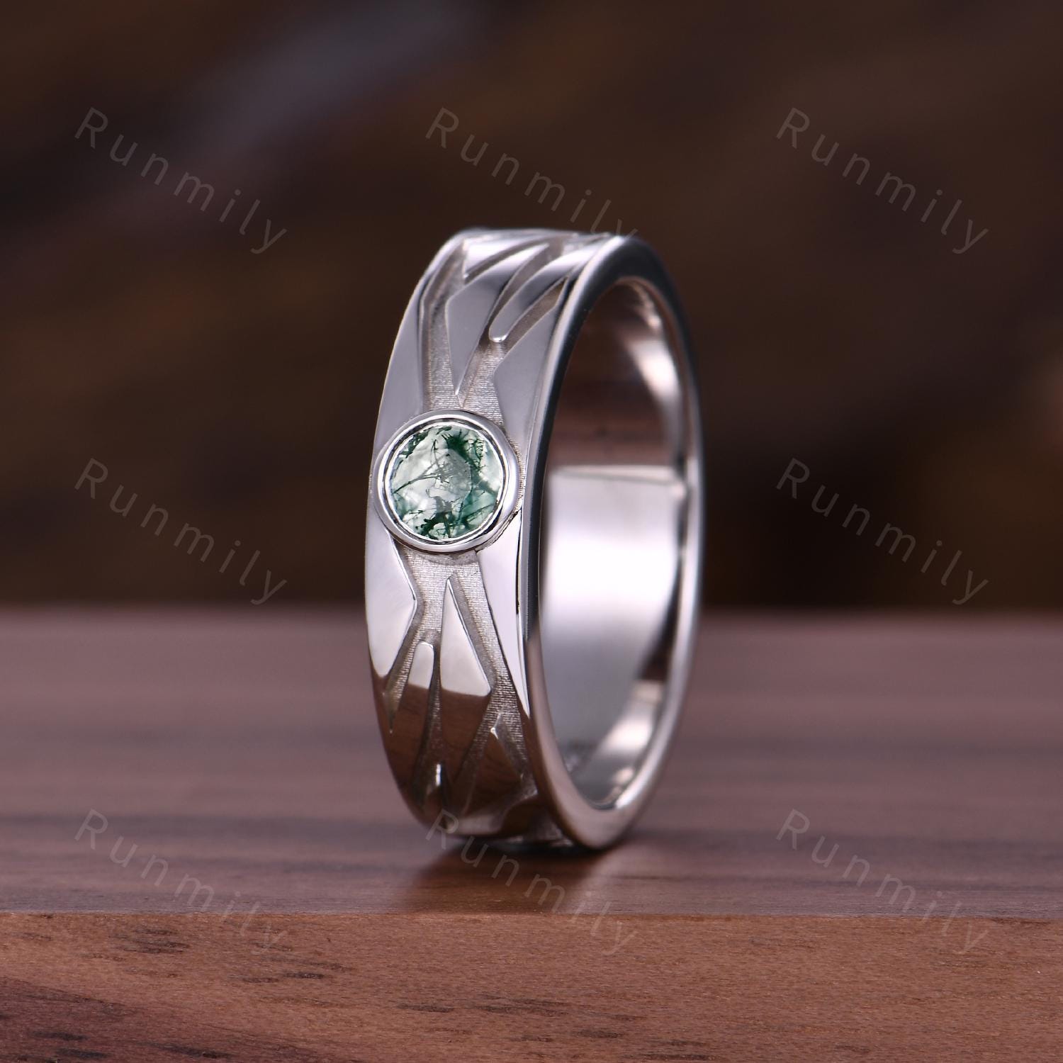 Men's Moss Agate Wedding Band 5mm Round Cut Moss Agate Ring For Mens Engagement Ring Vintage Unique Mens Ring His Stacking Matching Ring