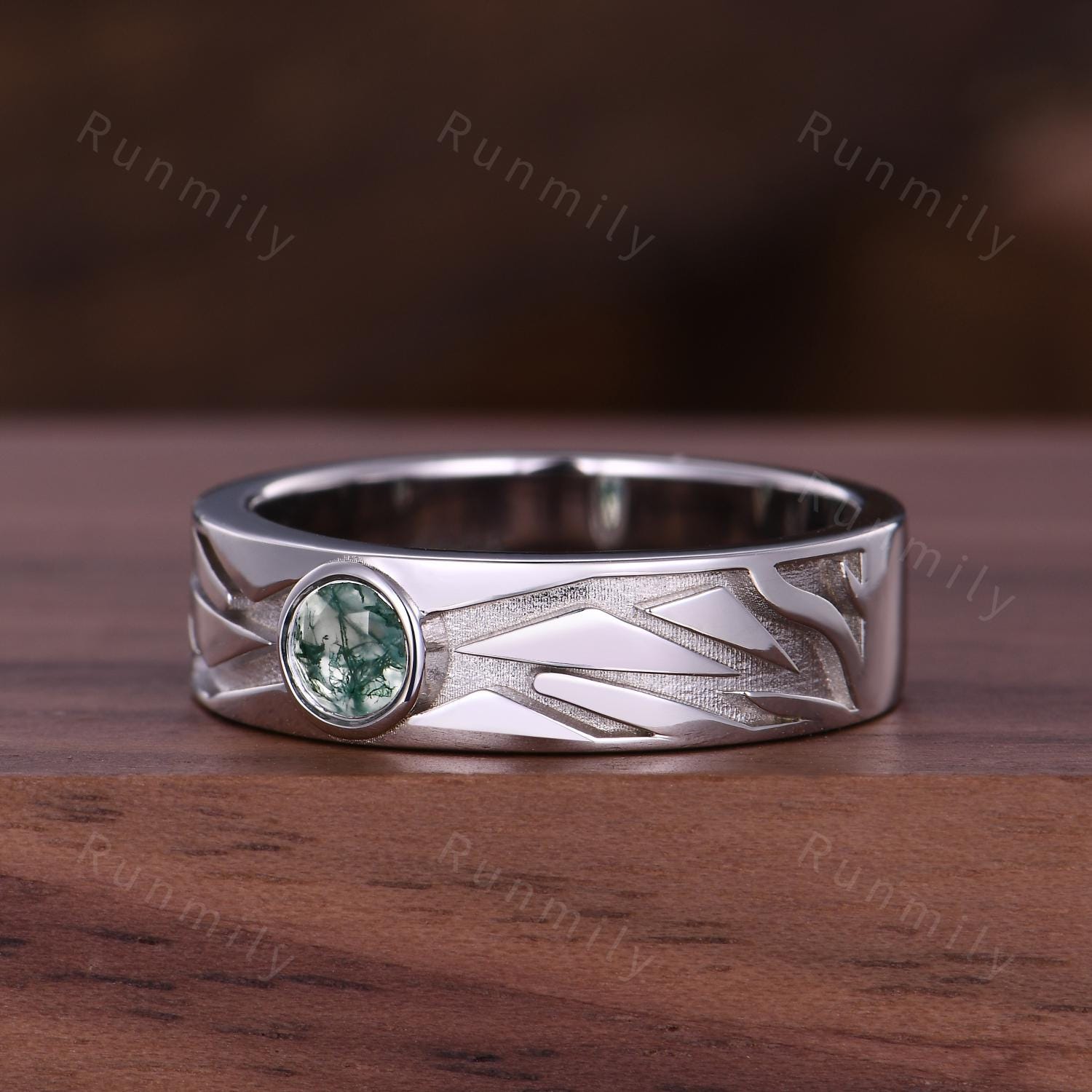 Men's Moss Agate Wedding Band 5mm Round Cut Moss Agate Ring For Mens Engagement Ring Vintage Unique Mens Ring His Stacking Matching Ring