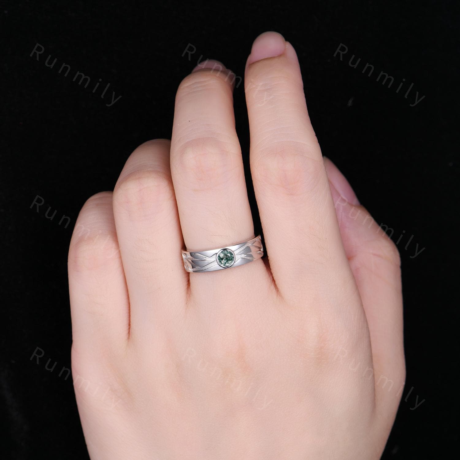 Men's Moss Agate Wedding Band 5mm Round Cut Moss Agate Ring For Mens Engagement Ring Vintage Unique Mens Ring His Stacking Matching Ring