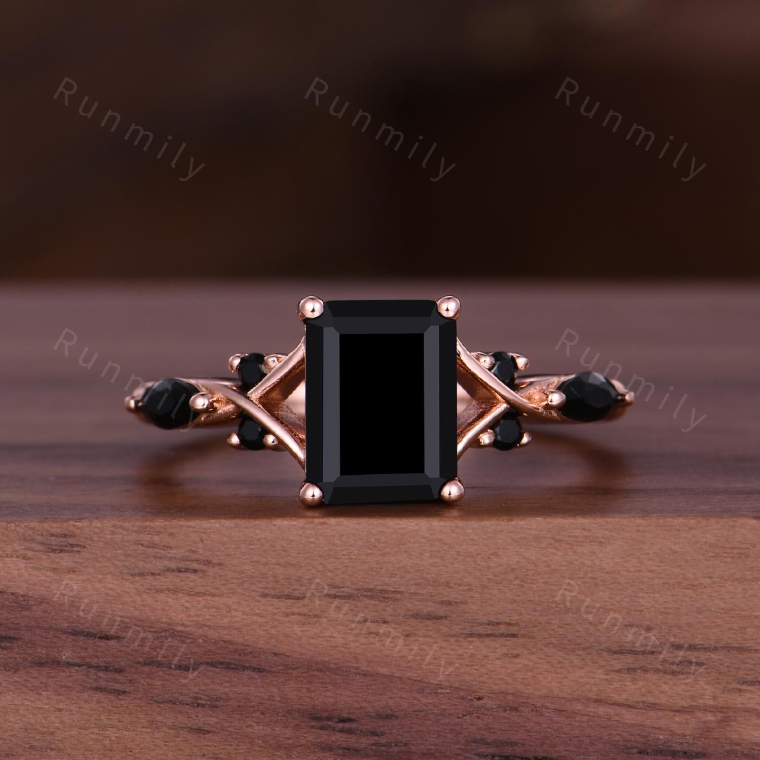 Vintage Black Onyx Couples Ring Set Emerald Cut Black Gemstone Ring Rose Gold His and Hers Wedding Band Mens Meteorite Ring Promise Rings