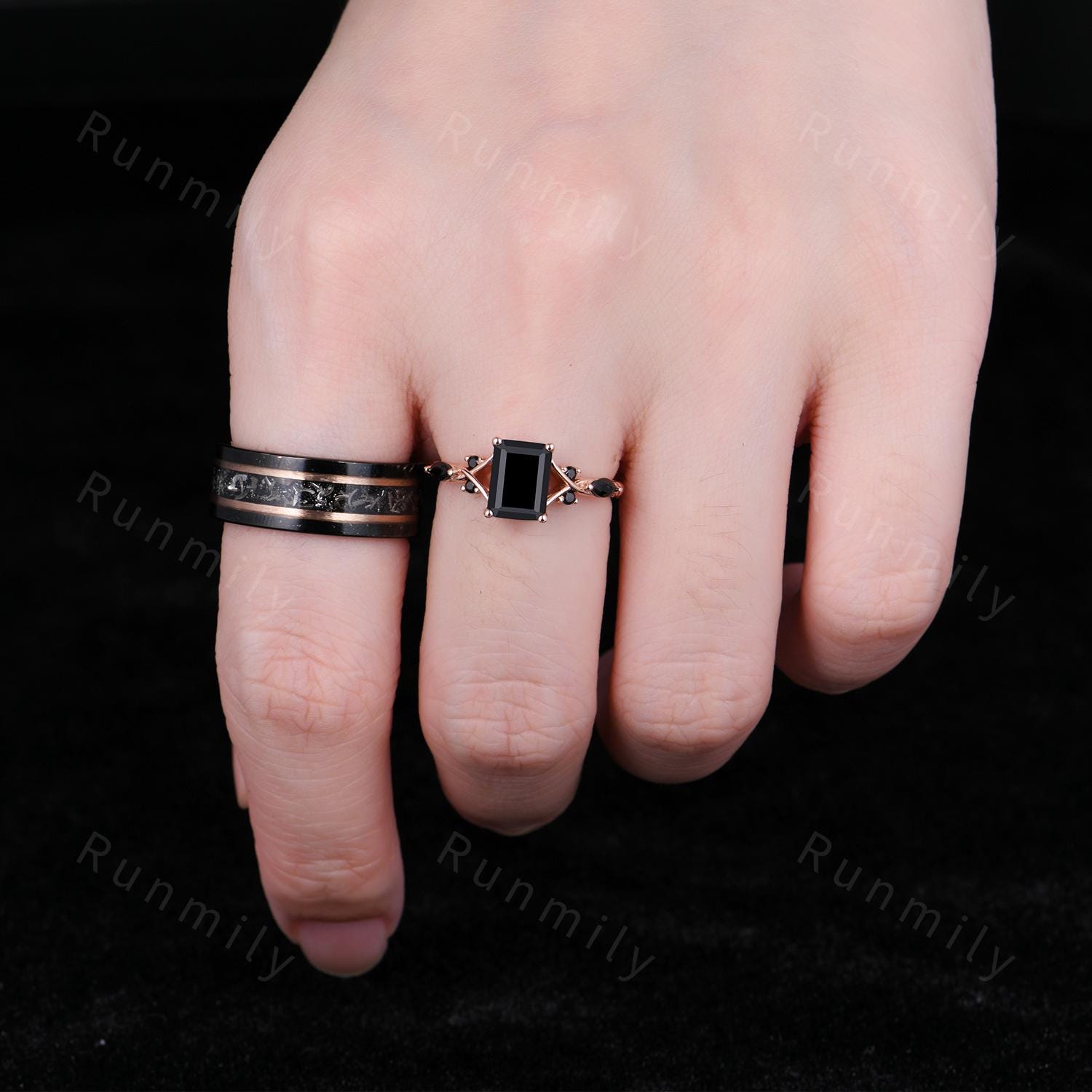 Vintage Black Onyx Couples Ring Set Emerald Cut Black Gemstone Ring Rose Gold His and Hers Wedding Band Mens Meteorite Ring Promise Rings