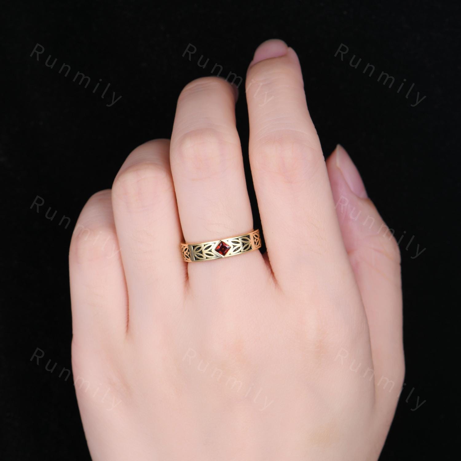 Men's Princess Cut Garnet Wedding Band 5mm Mens Engagement Ring Vintage Leaf Style Ring Mens Stacking Ring Promise Ring For Husband