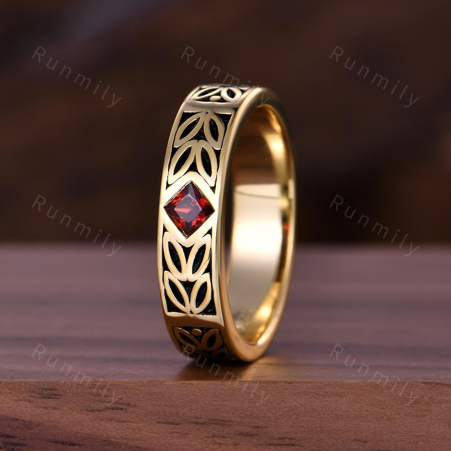 Men's Princess Cut Garnet Wedding Band 5mm Mens Engagement Ring Vintage Leaf Style Ring Mens Stacking Ring Promise Ring For Husband