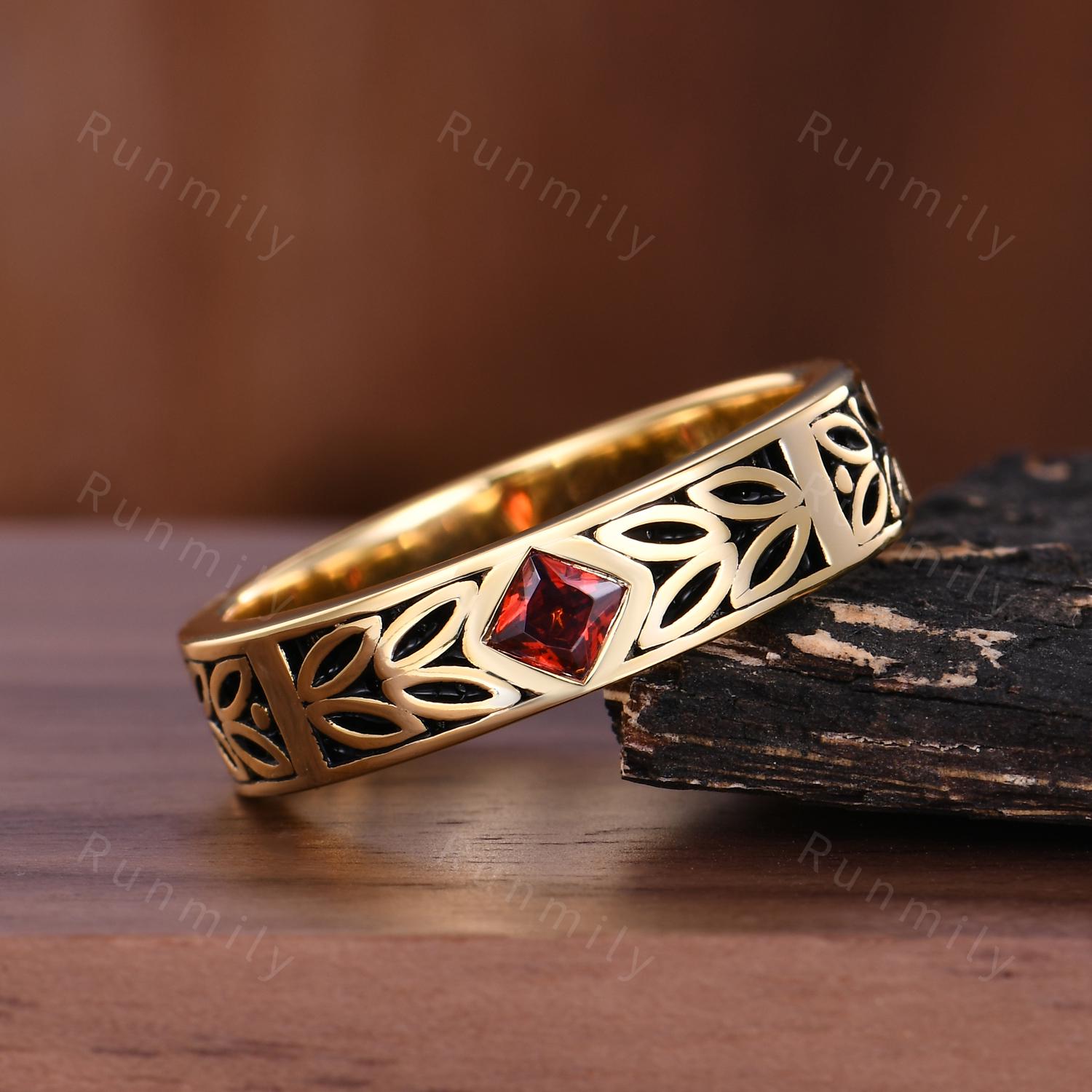 Men's Princess Cut Garnet Wedding Band 5mm Mens Engagement Ring Vintage Leaf Style Ring Mens Stacking Ring Promise Ring For Husband