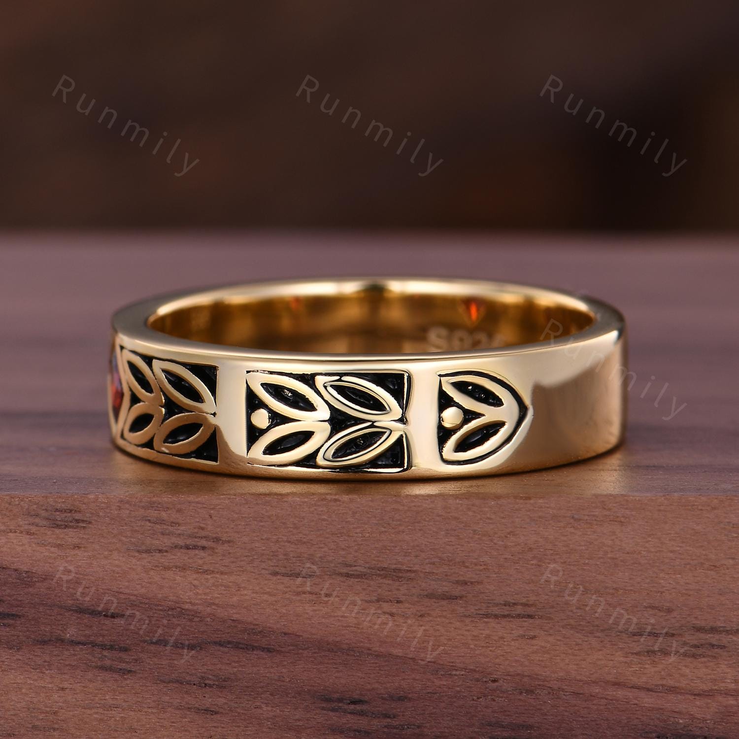 Men's Princess Cut Garnet Wedding Band 5mm Mens Engagement Ring Vintage Leaf Style Ring Mens Stacking Ring Promise Ring For Husband