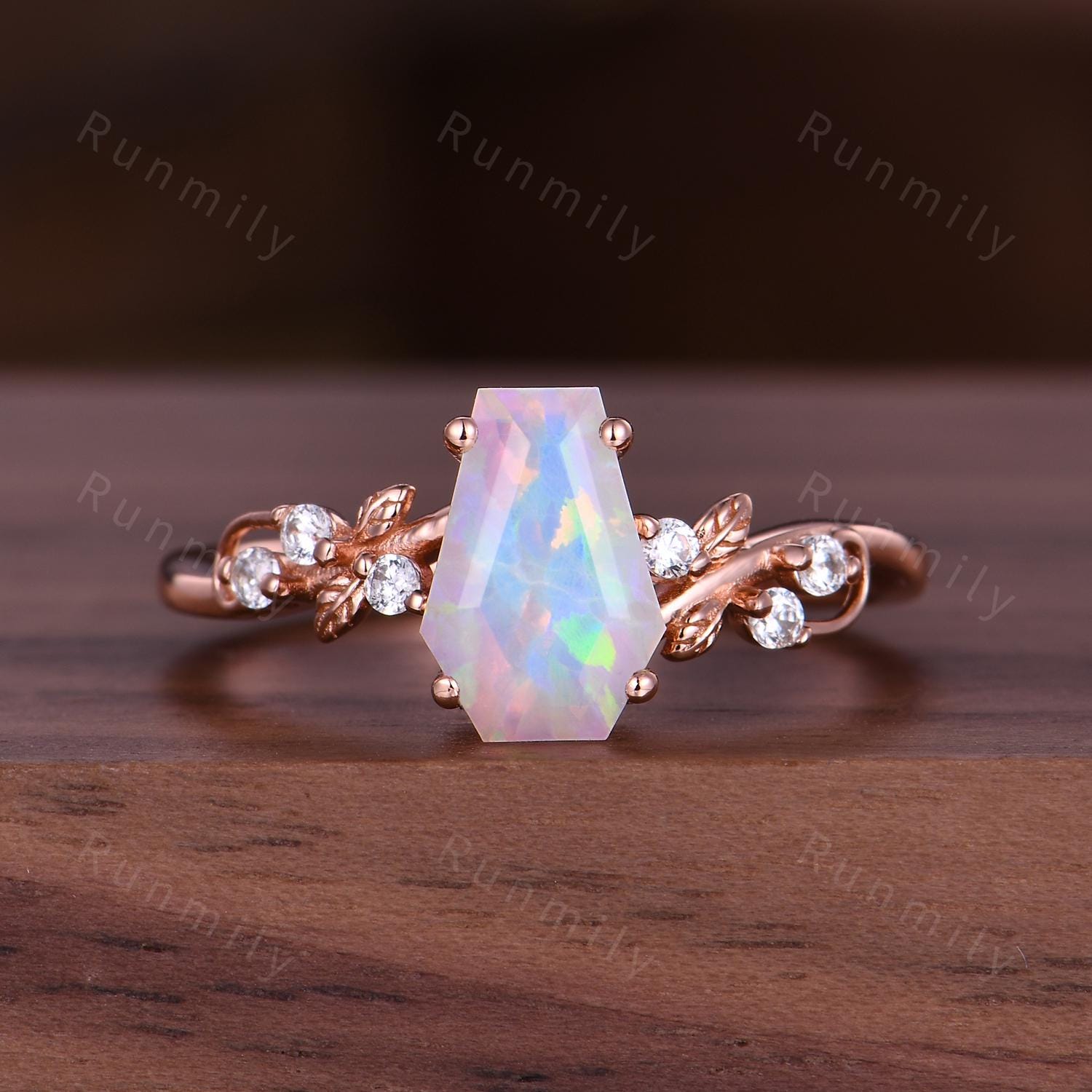 Coffin Cut White Opal Couples Ring Set - Rose Gold His and Hers Wedding Band - Nature Inspired October Birthstone Matching Promise Rings