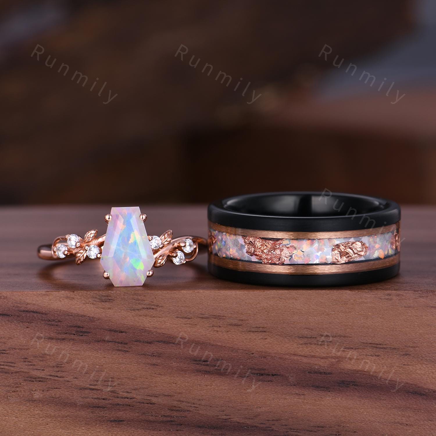 Coffin Cut White Opal Couples Ring Set - Rose Gold His and Hers Wedding Band - Nature Inspired October Birthstone Matching Promise Rings