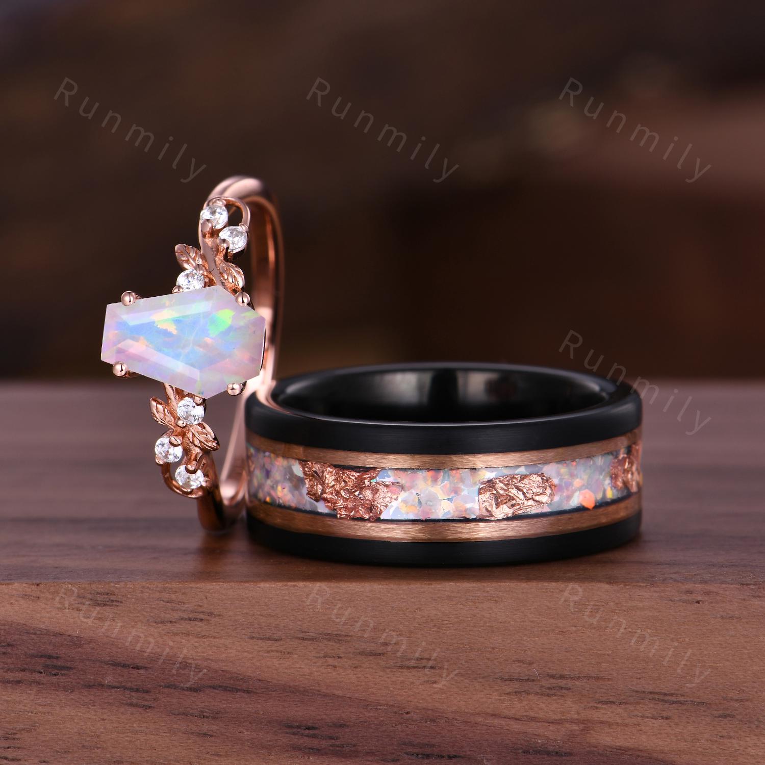 Coffin Cut White Opal Couples Ring Set - Rose Gold His and Hers Wedding Band - Nature Inspired October Birthstone Matching Promise Rings