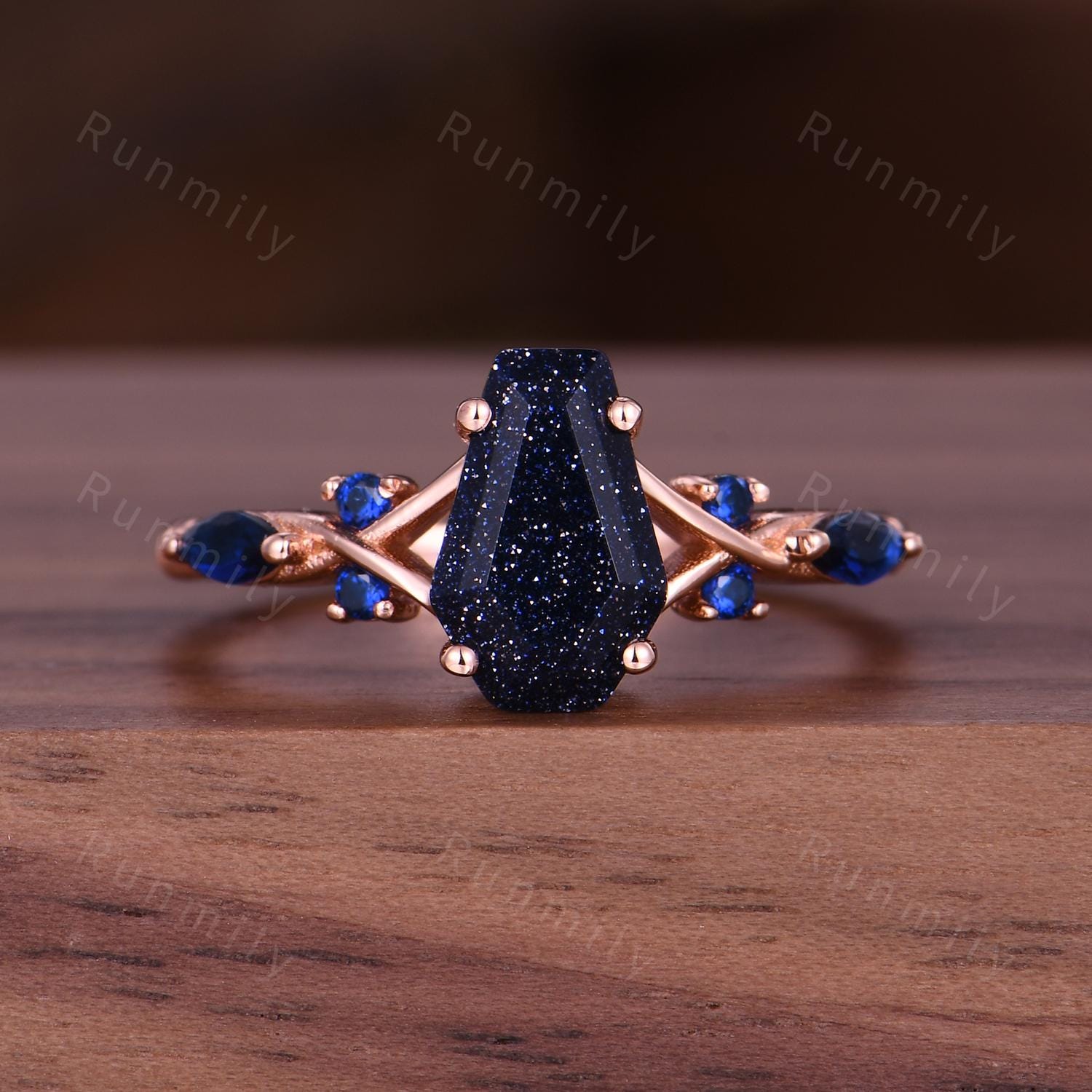 Galaxy Blue Sandstone Couples Ring Set - Rose Gold His and Hers Wedding Band - Coffin Cut Bridal Ring - Vintage Promise Rings For Couples