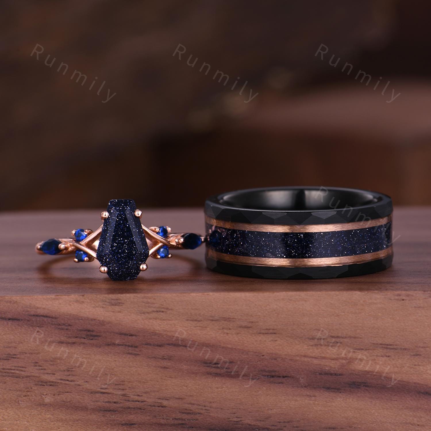 Galaxy Blue Sandstone Couples Ring Set - Rose Gold His and Hers Wedding Band - Coffin Cut Bridal Ring - Vintage Promise Rings For Couples