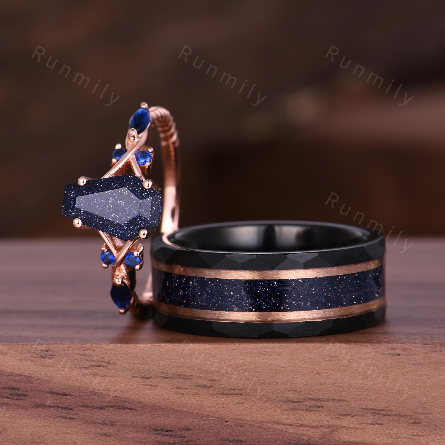 Galaxy Blue Sandstone Couples Ring Set - Rose Gold His and Hers Wedding Band - Coffin Cut Bridal Ring - Vintage Promise Rings For Couples
