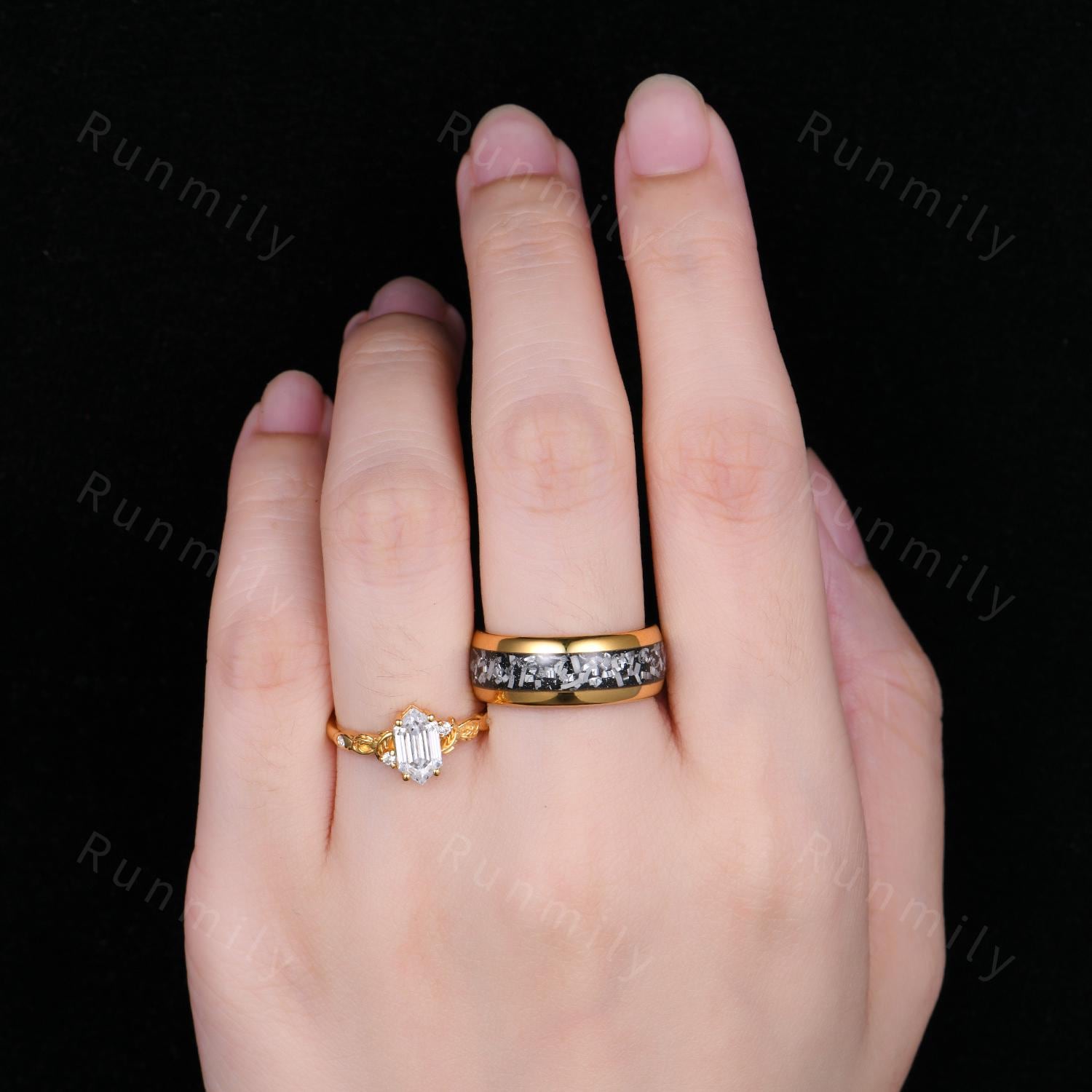 Vintage Moissanite Engagement Ring His and Hers Moissanite Couples Ring Set Yellow Gold Matching Promise Rings Alternative Engagement Ring