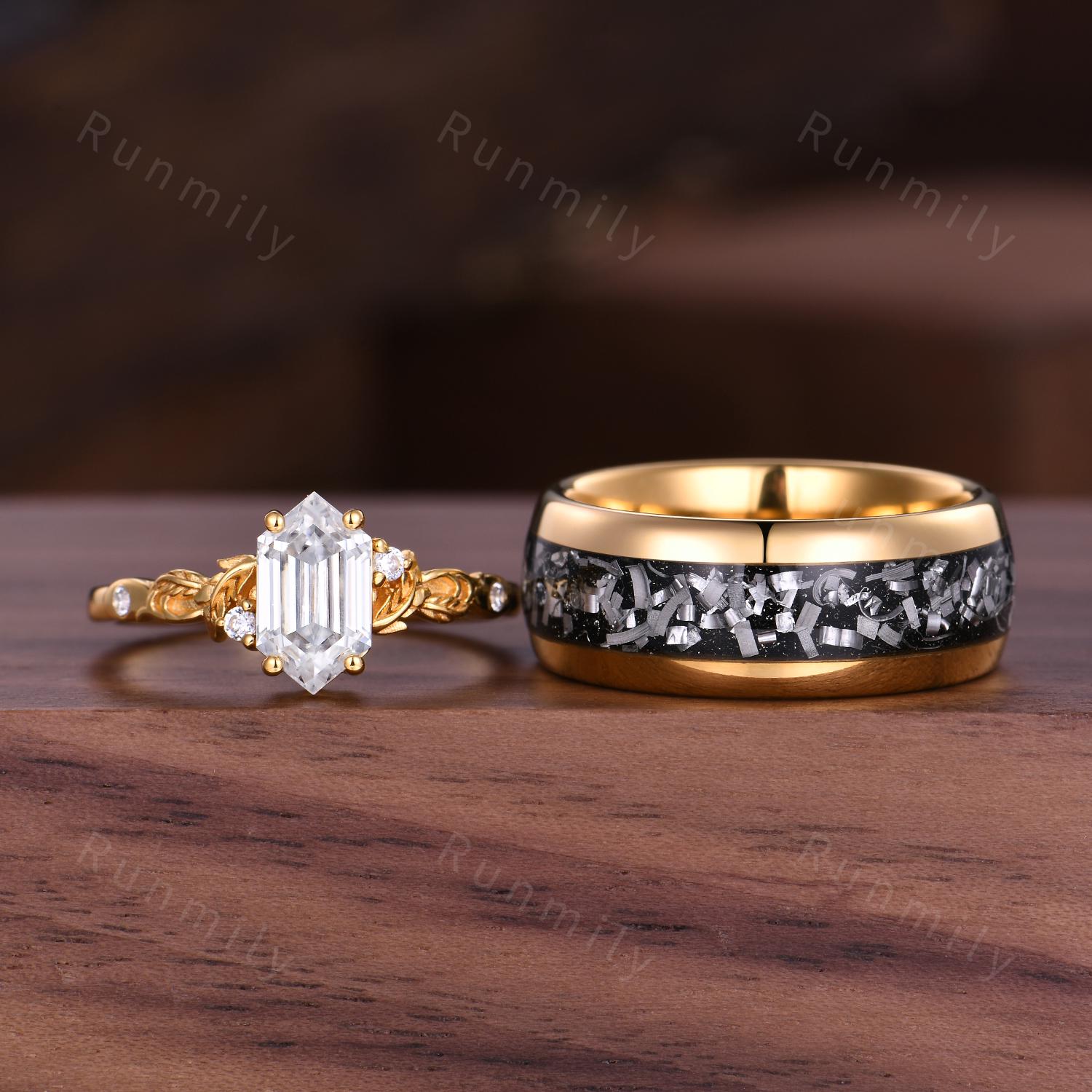 Vintage Moissanite Engagement Ring His and Hers Moissanite Couples Ring Set Yellow Gold Matching Promise Rings Alternative Engagement Ring