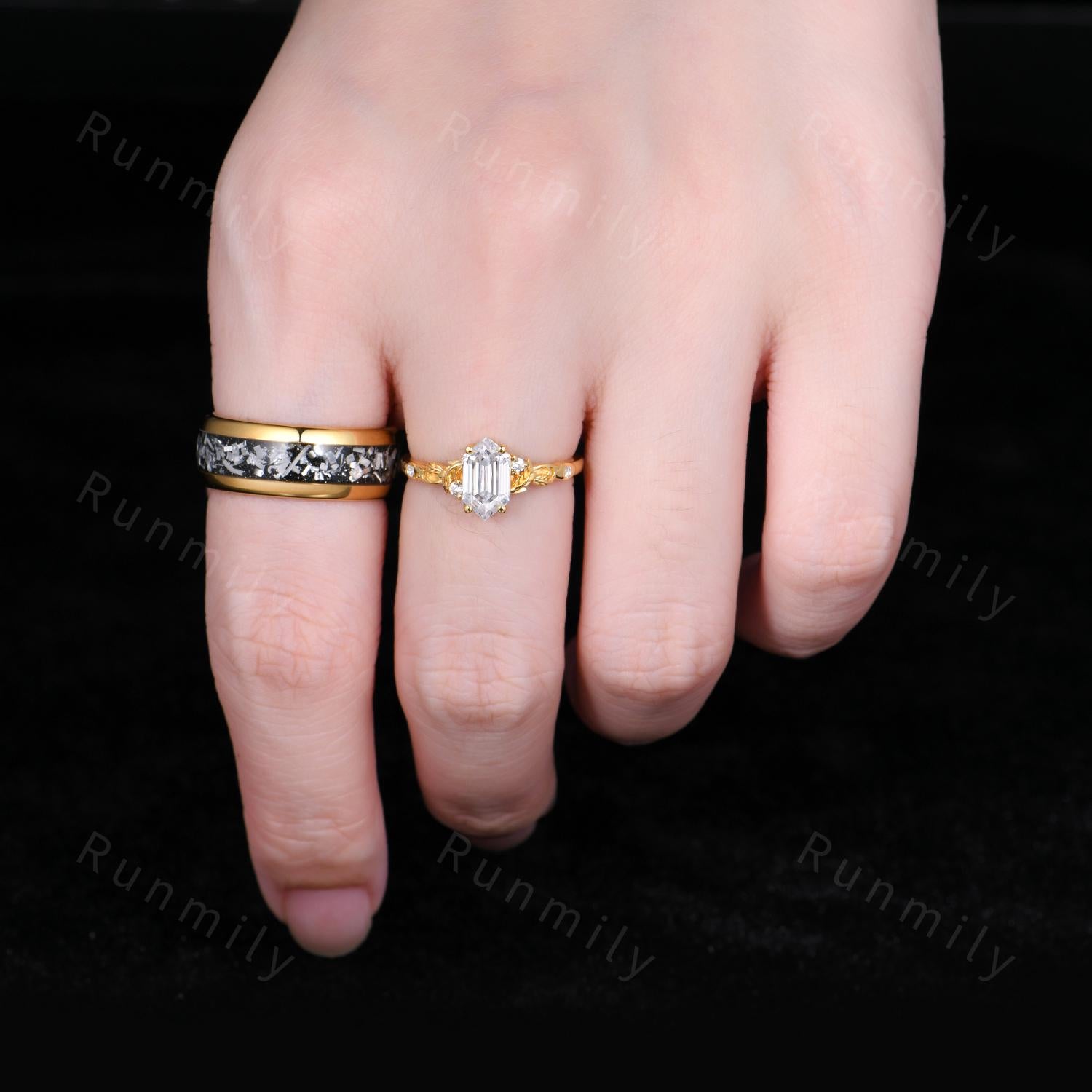 Vintage Moissanite Engagement Ring His and Hers Moissanite Couples Ring Set Yellow Gold Matching Promise Rings Alternative Engagement Ring