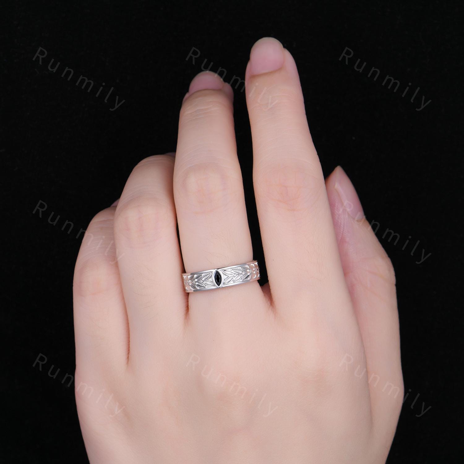 Mens Black Onyx Wedding Band Unique Marquise cut Wedding Band For Mens Natural Gemstone Ring His Engagement Ring Band Leaf-Inspired Ring